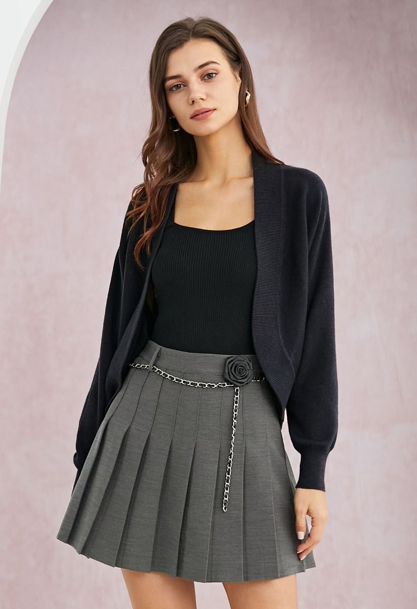 Minimalist Open-Front Ribbed Edge Knit Cardigan in Smoke