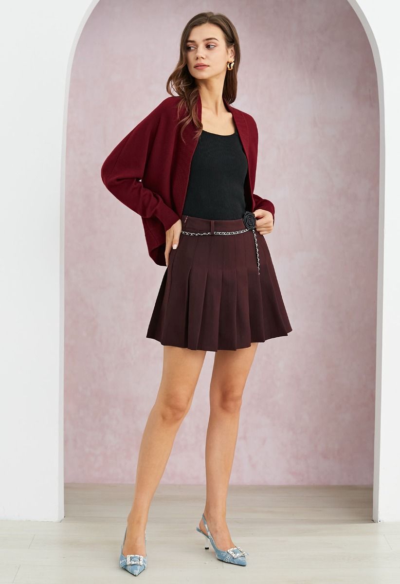 Rose Brooch Chain Belt Pleats Mini Skirt in Burgundy