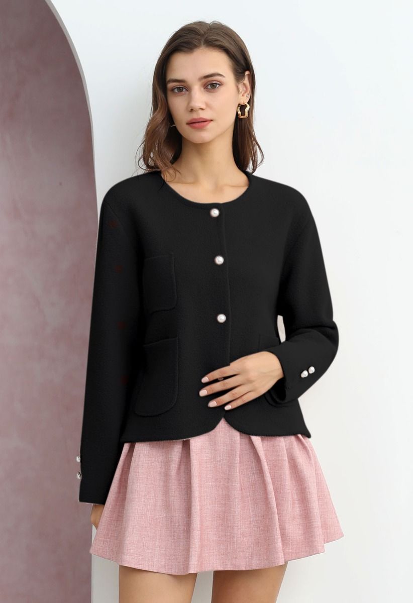 Sweetly Patch Pocket Pearly Button Knit Cardigan in Black