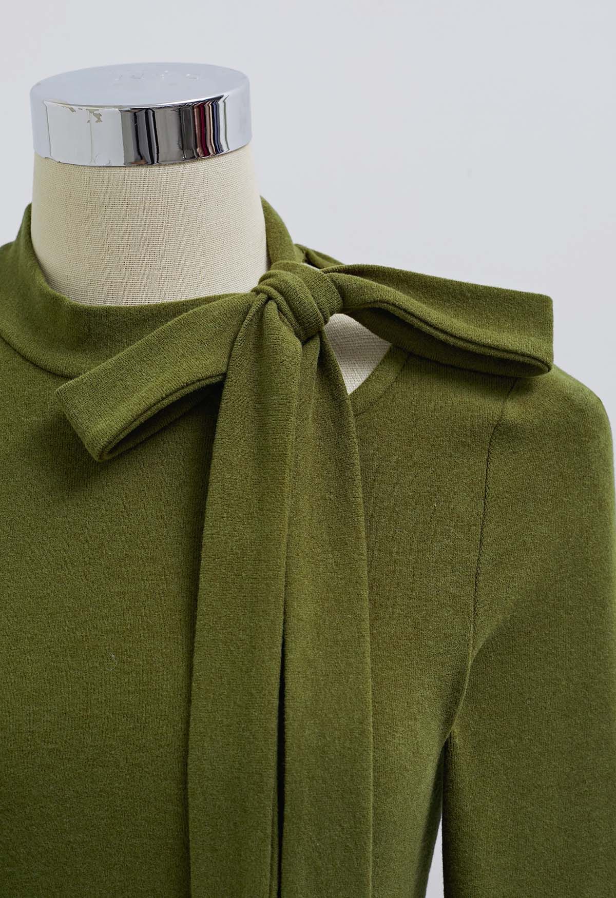 Side Bowknot Neckline Long-Sleeve Top in Olive