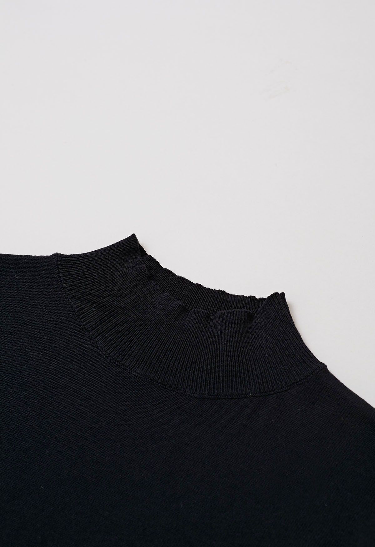 Mock Neck Embroidered Lantern Sleeve Knit Top in Black