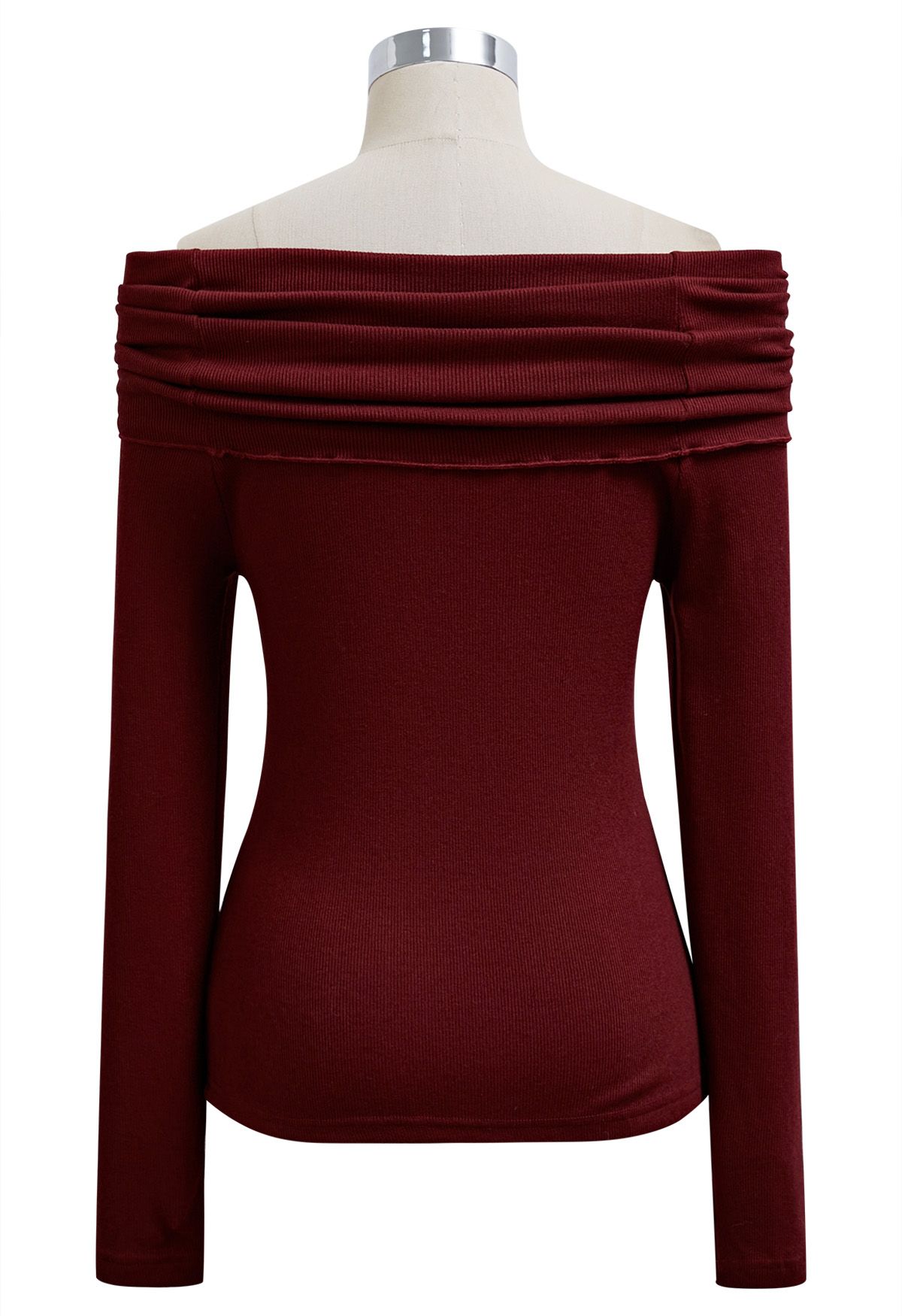 Ruched Fold Neckline Long Sleeve Off-Shoulder Top in Red