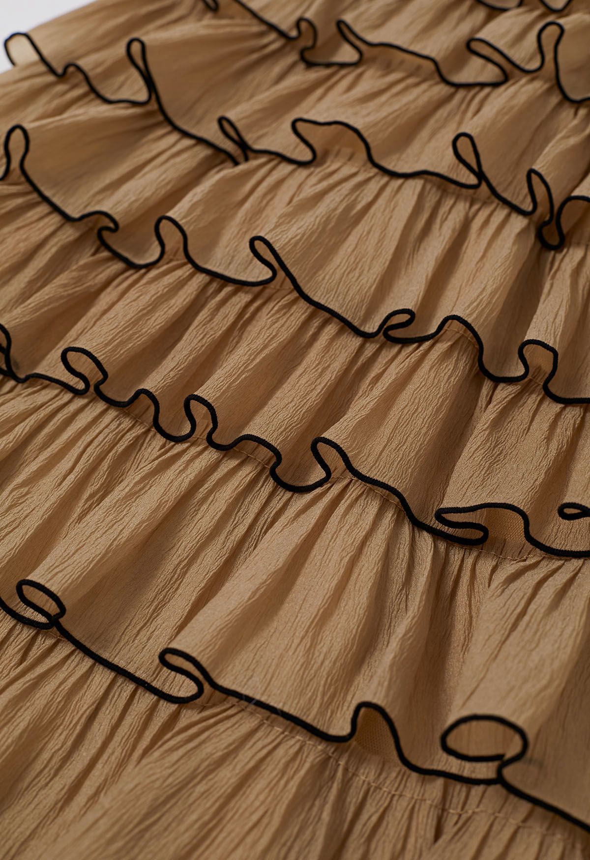 Contrasting Edges Tiered Ruffle Maxi Skirt in Caramel