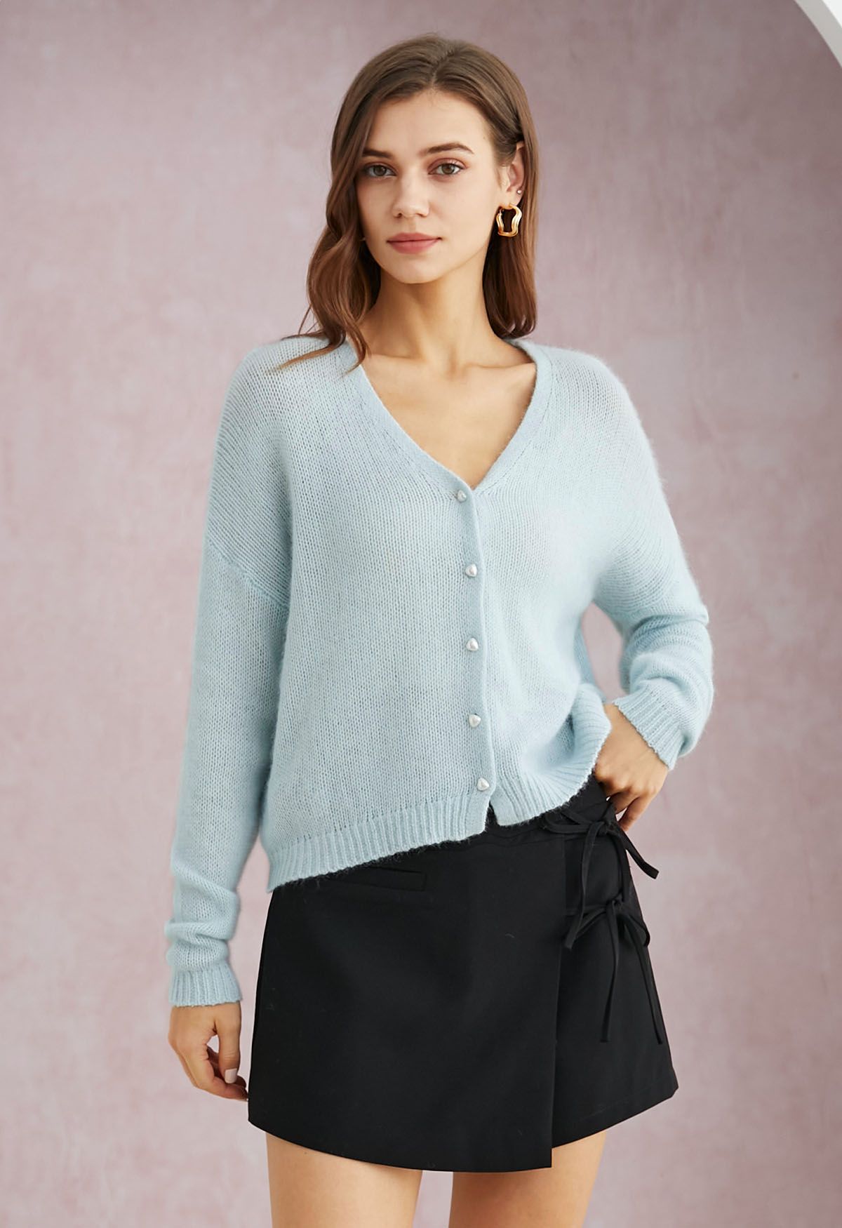 Solid Color Pearly Button Knit Cardigan in Mint