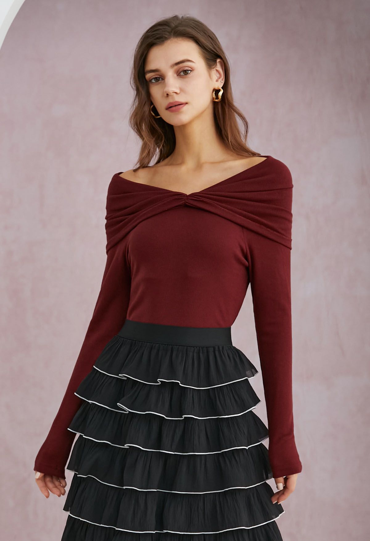 Ruched Fold Neckline Long Sleeve Off-Shoulder Top in Red