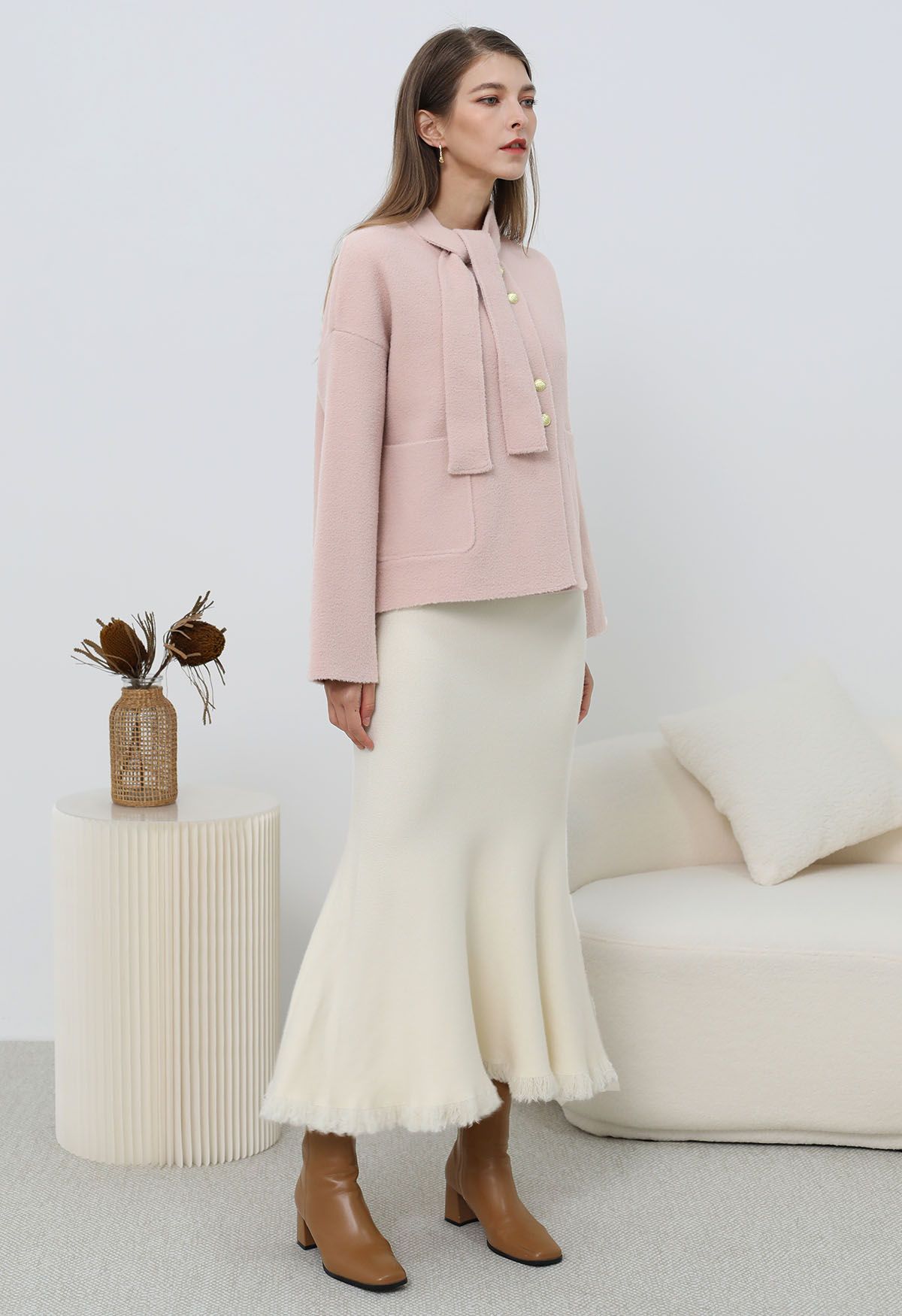 Detachable Tie-Neck Golden Button Knit Coat in Pink