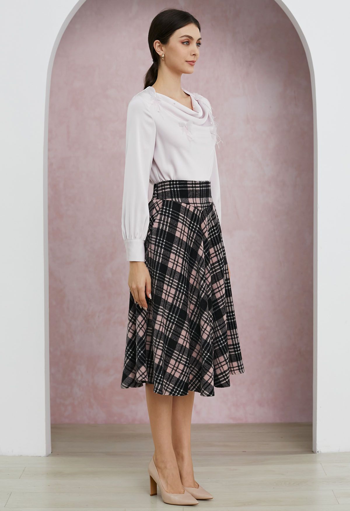 Sophisticated Plaid A-Line Midi Skirt in Pink