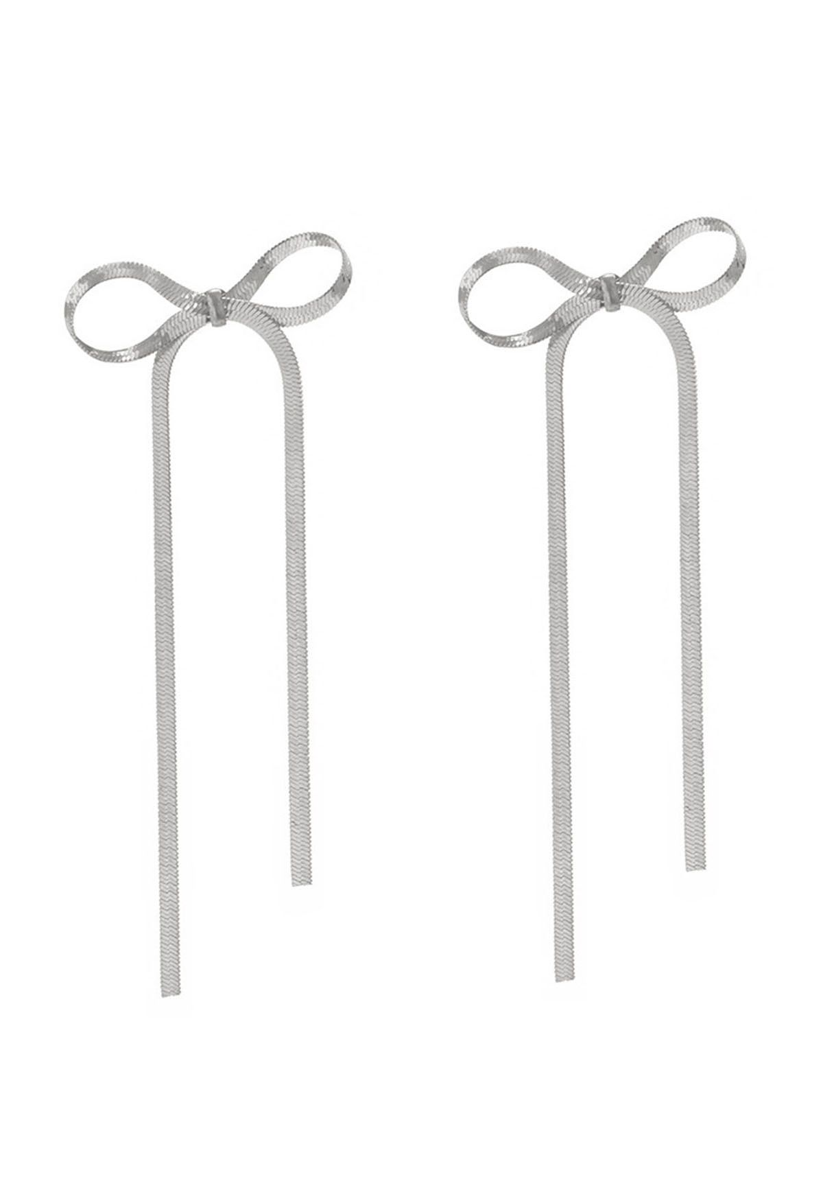 Ribbon Bowknot Dangle Earrings in Silver