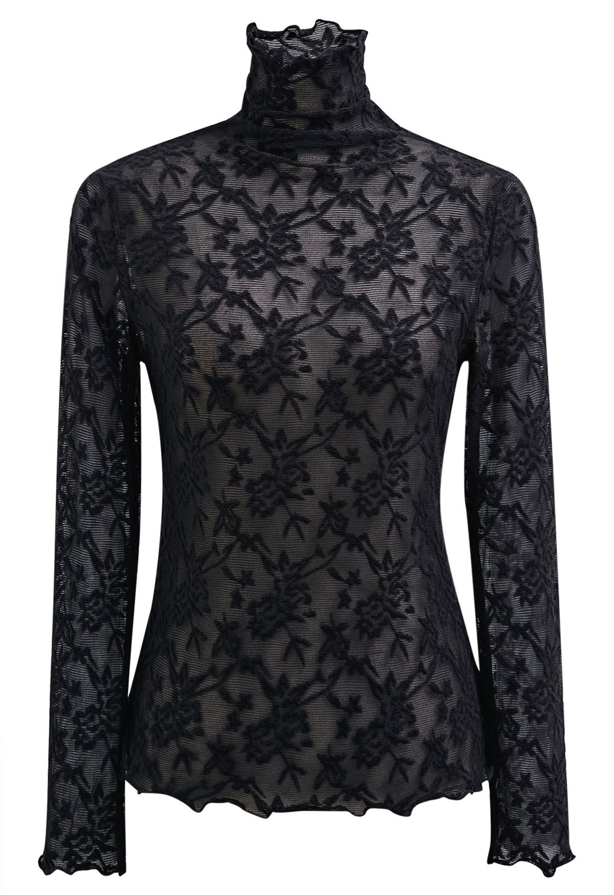 Floral Fantasy High Neck Mesh Long-Sleeve Top in Black