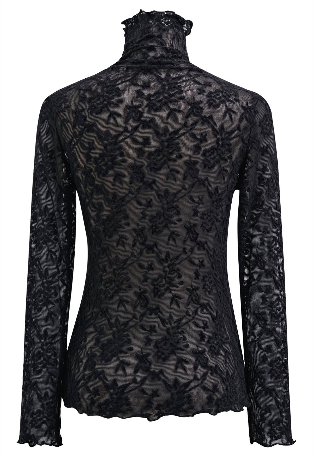 Floral Fantasy High Neck Mesh Long-Sleeve Top in Black