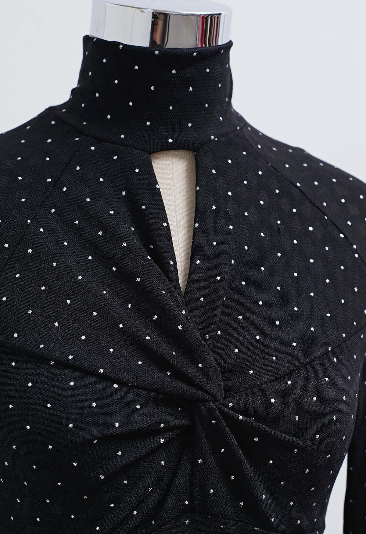 Shimmer Dotted Twist Front Cutout Mock Neck Top in Black