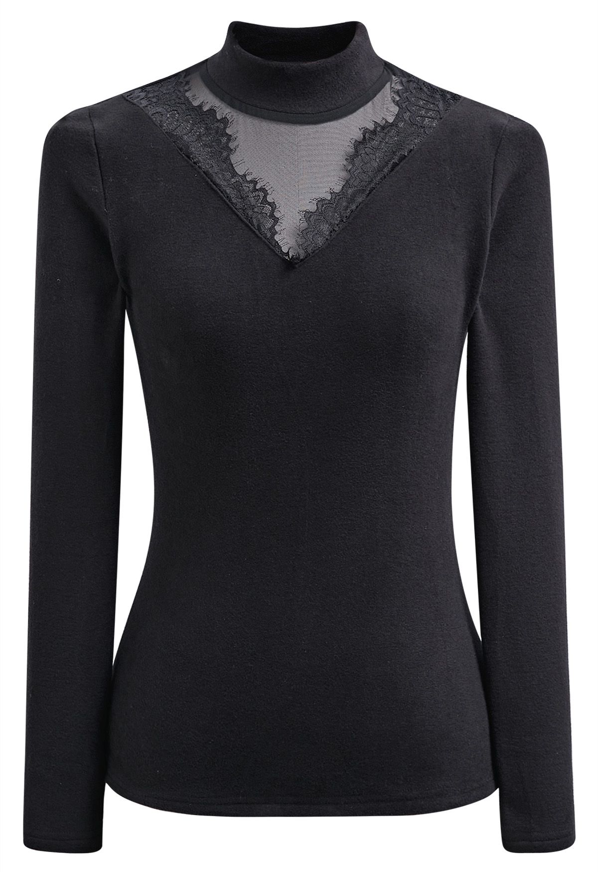 Illusion Lace Trim Mesh Spliced Mock Neck Top