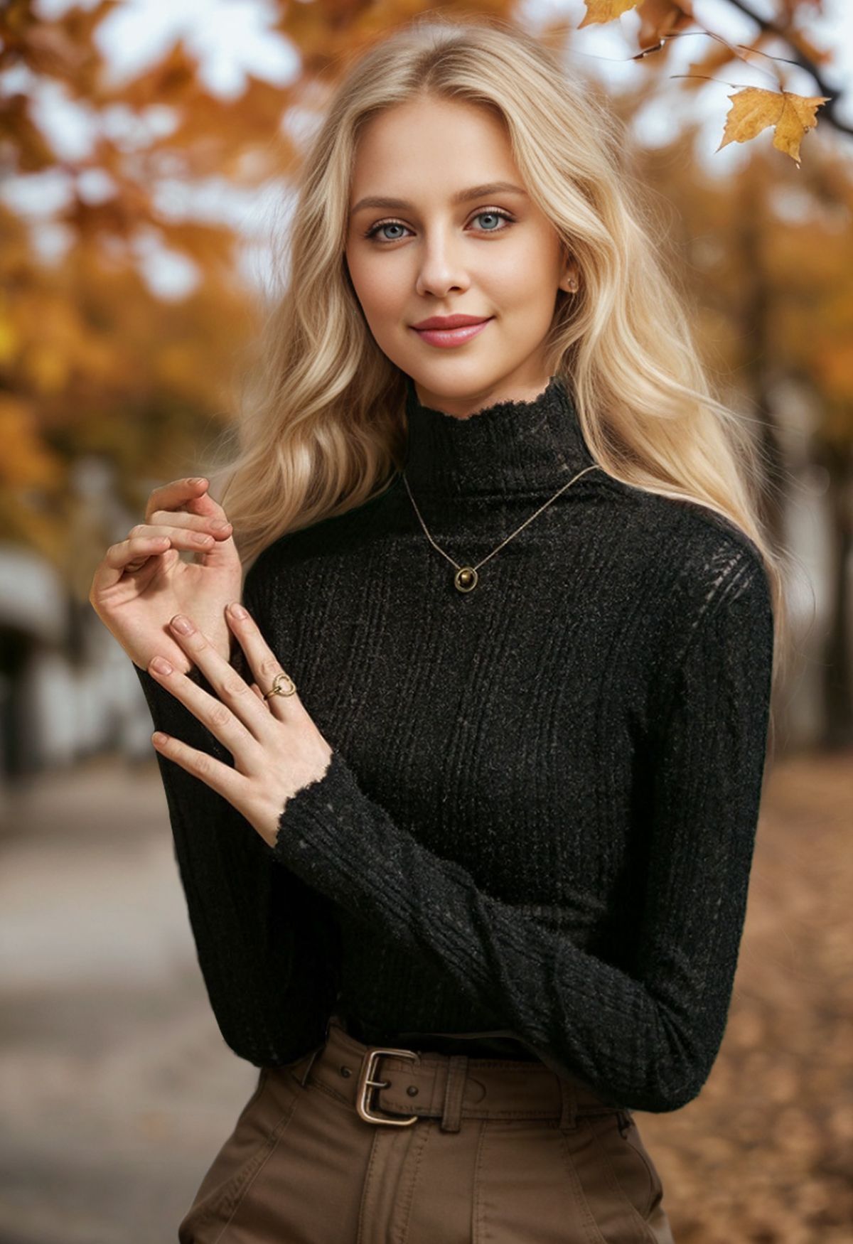 Fuzzy Ribbed Texture High Neck Top in Black