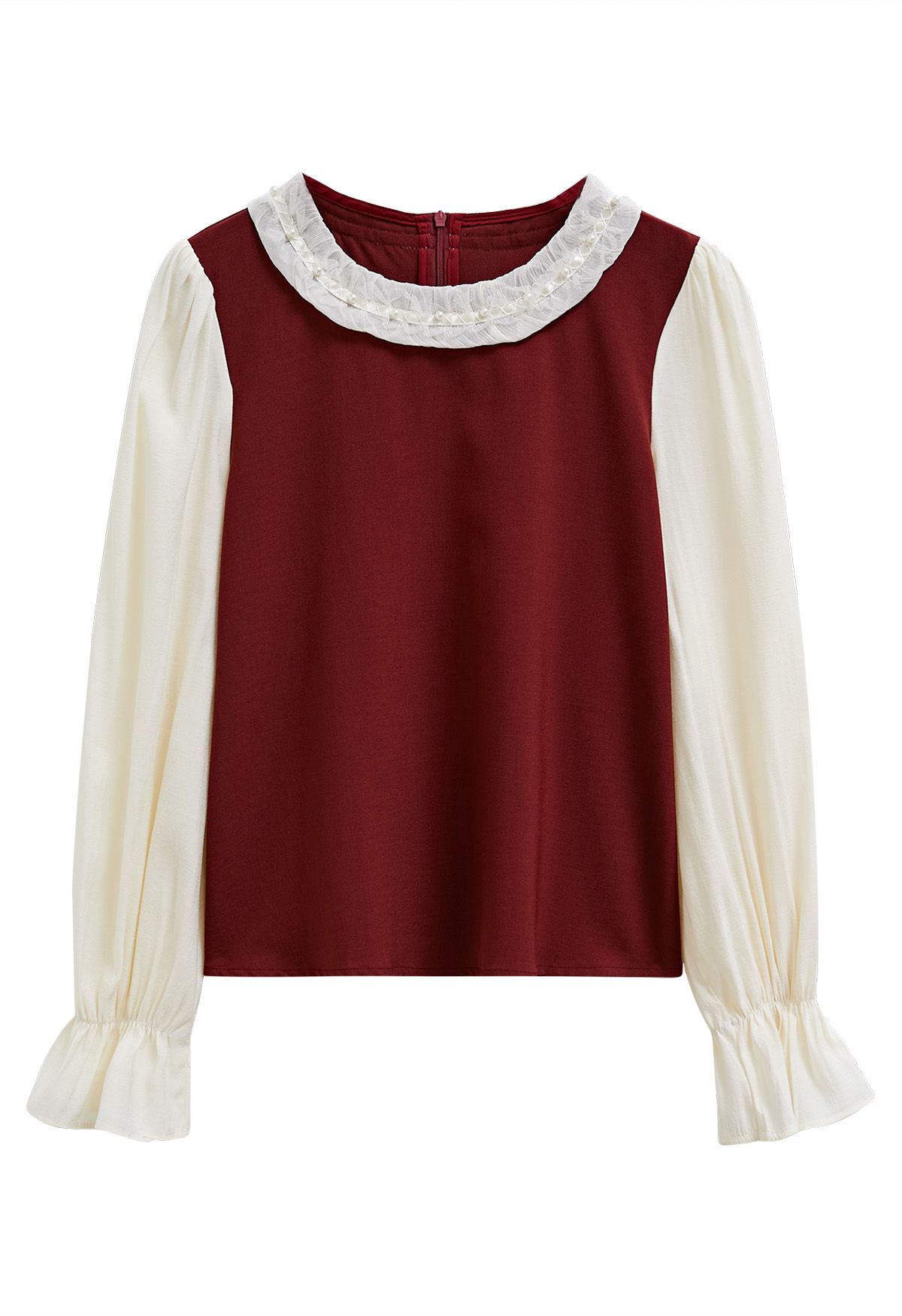 Contrast Pearl Trim Ruffle Neck Flare Cuff Top in Red