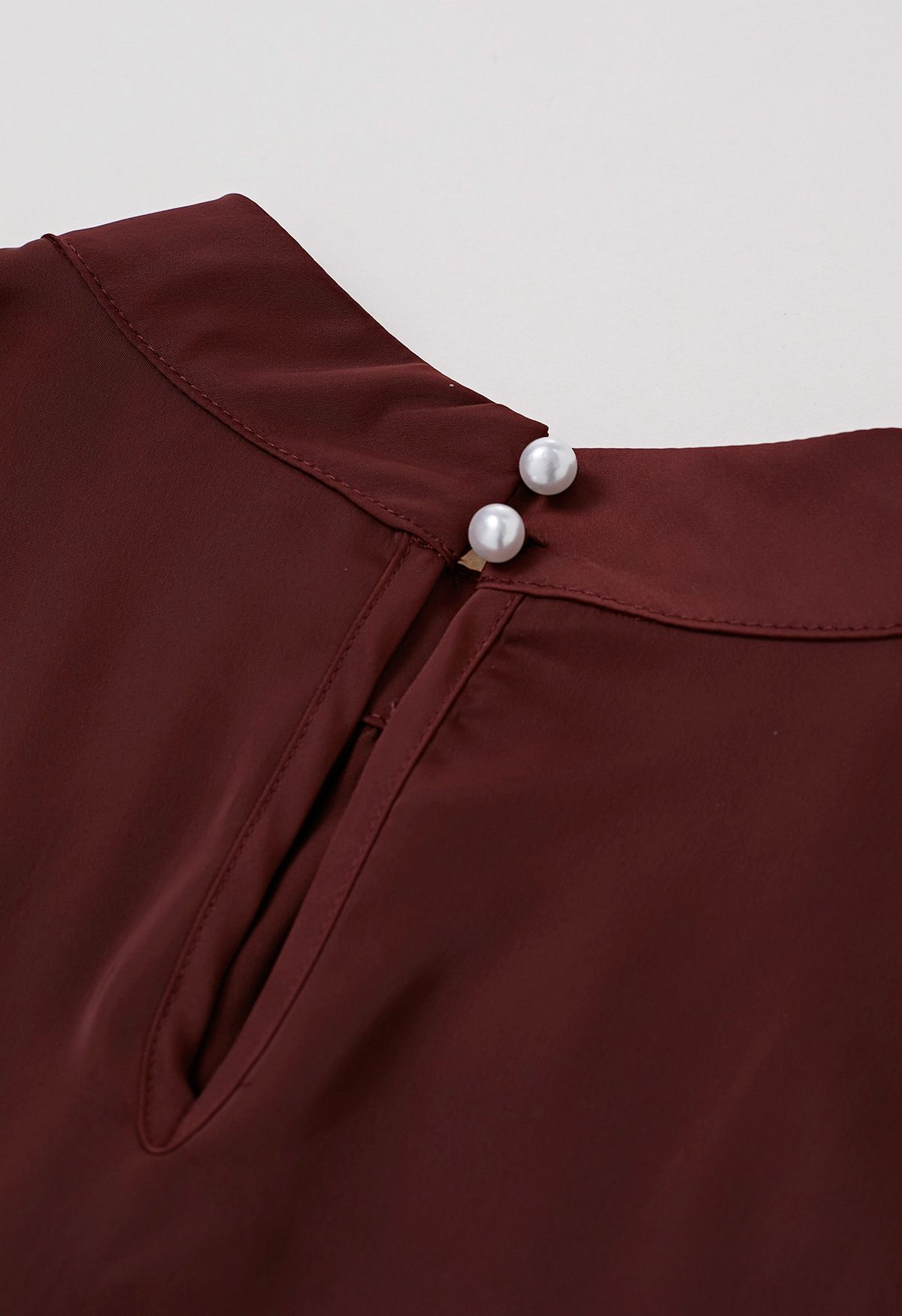 Pearl Neckline Side Bowknot Satin Top in Burgundy