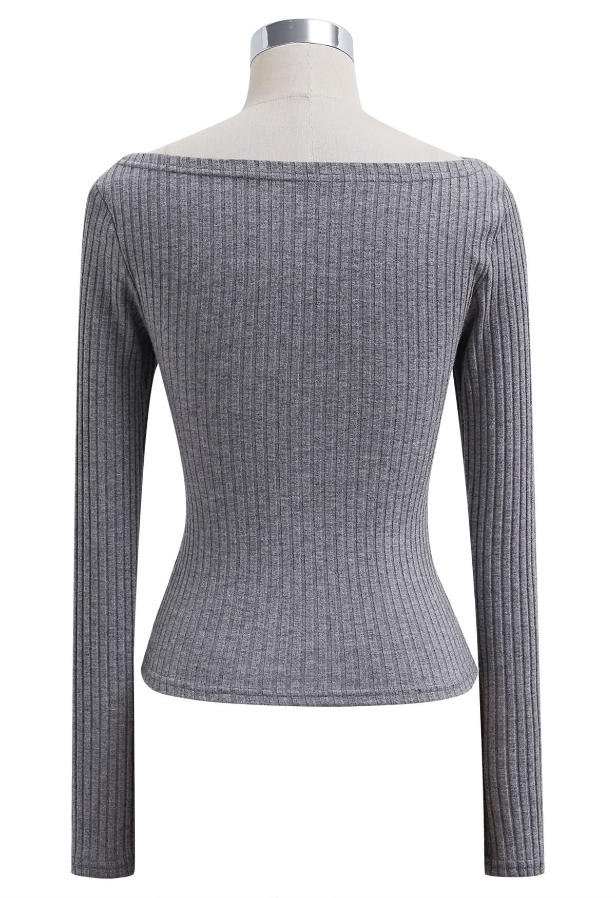 Ribbed Texture Off-Shoulder Ruched Cotton Top in Grey