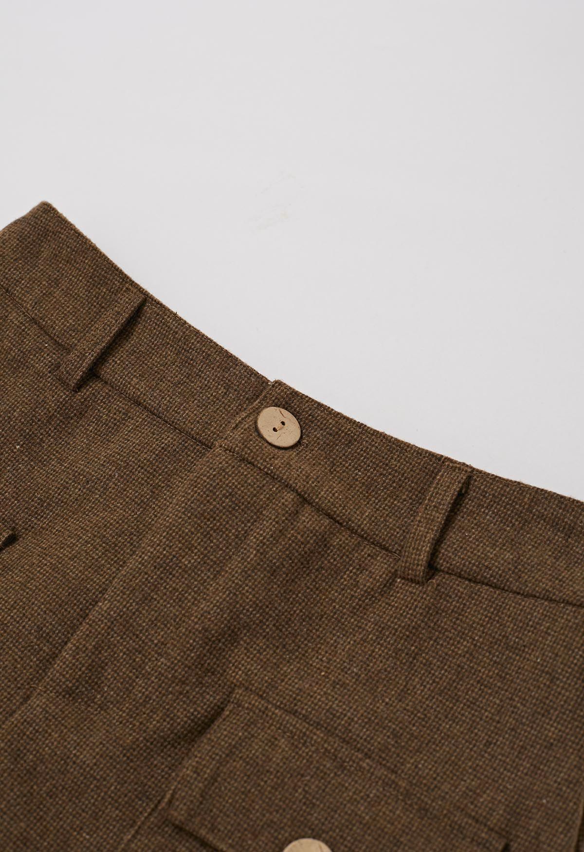 Buttoned Trim Flap Pocket Roll-Hem Tweed Skirt in Brown