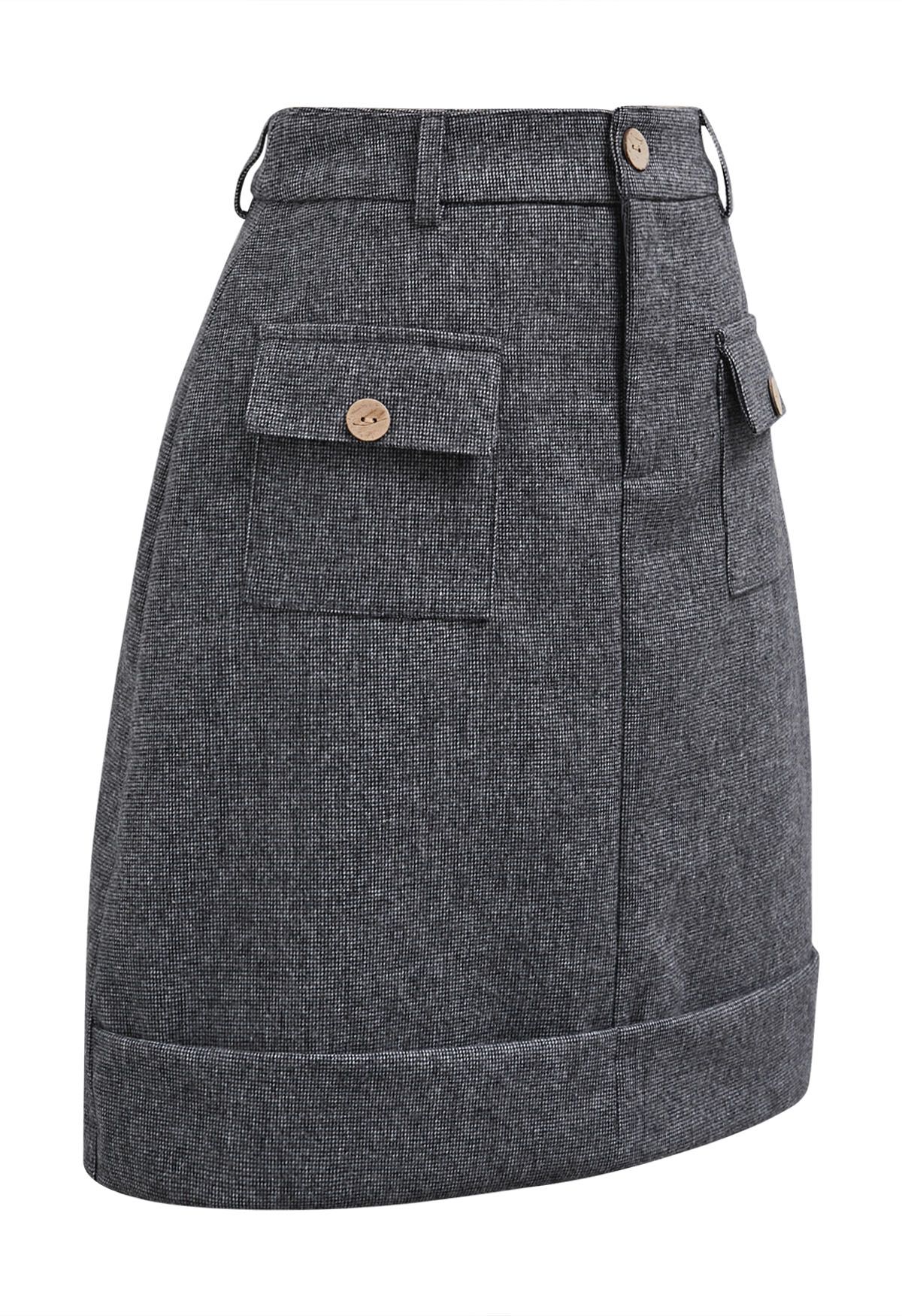 Buttoned Trim Flap Pocket Roll-Hem Tweed Skirt in Grey