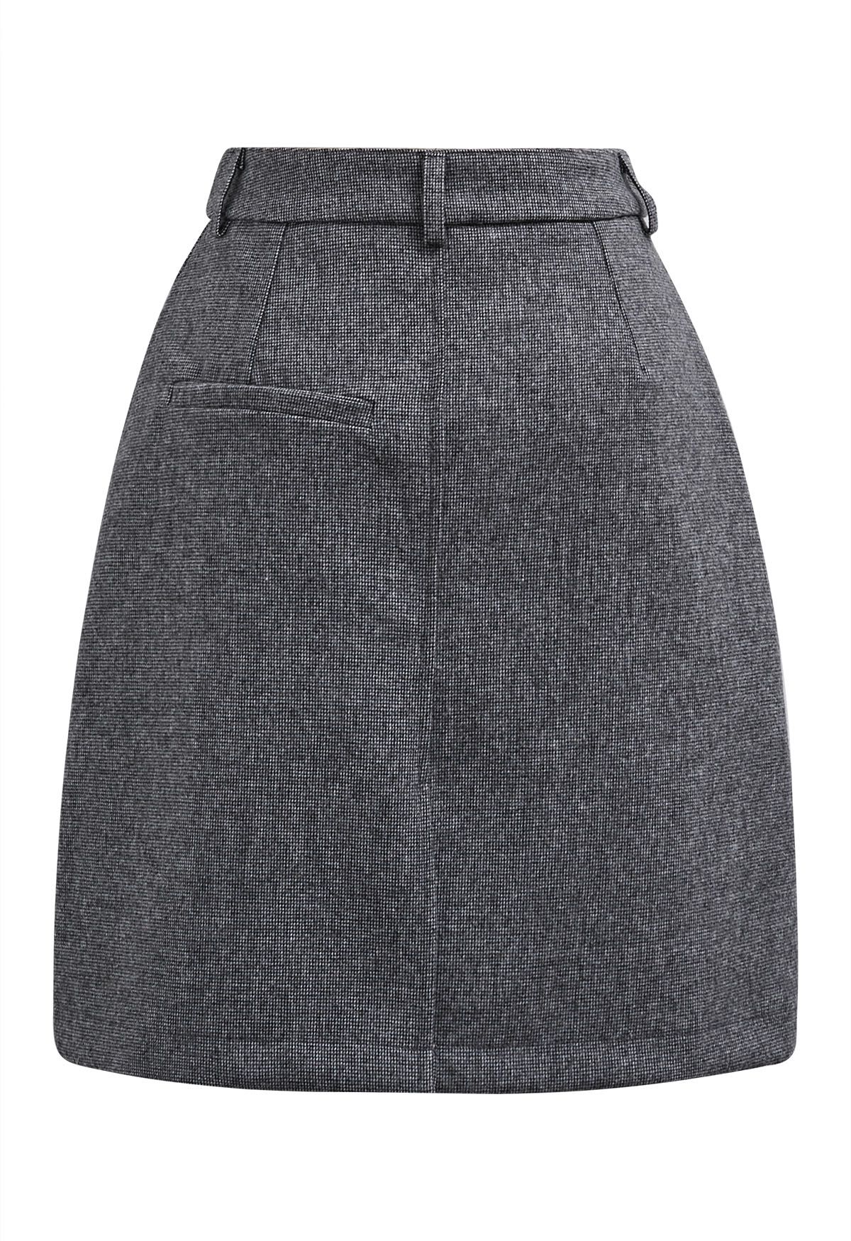 Buttoned Trim Flap Pocket Roll-Hem Tweed Skirt in Grey