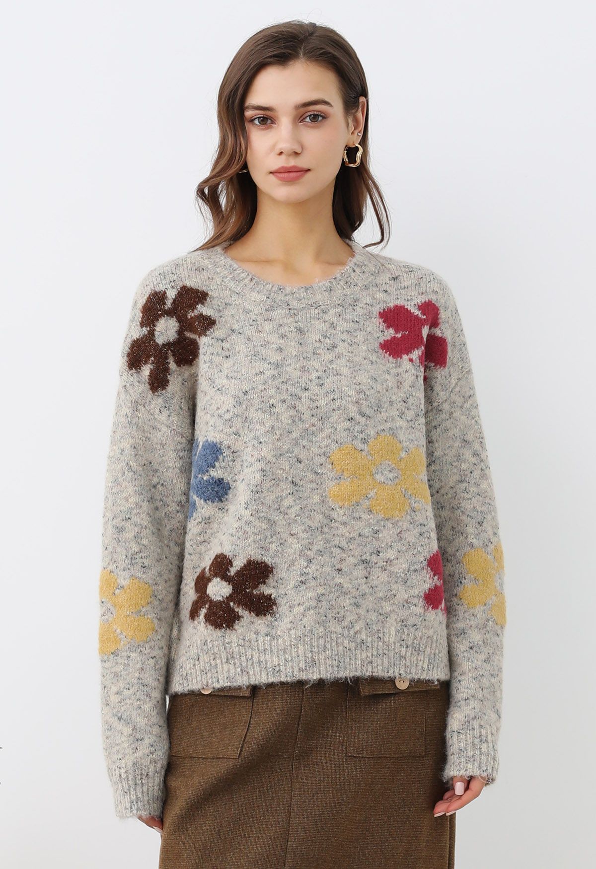 Multicolored Floral Pattern Fuzzy Knit Sweater in Oatmeal