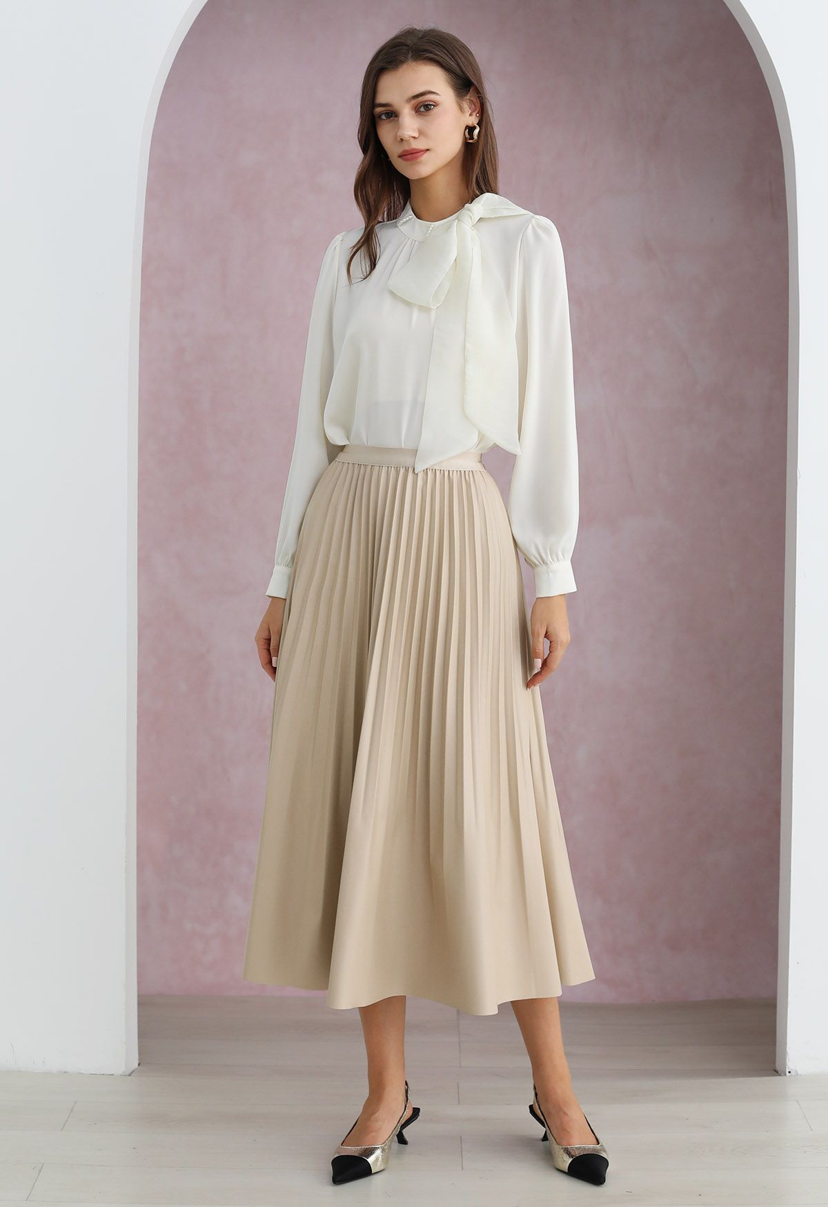 Versatile Faux Leather Pleated Midi Skirt in Sand