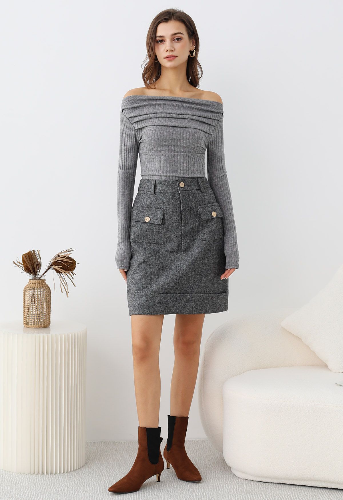 Ribbed Texture Off-Shoulder Ruched Cotton Top in Grey