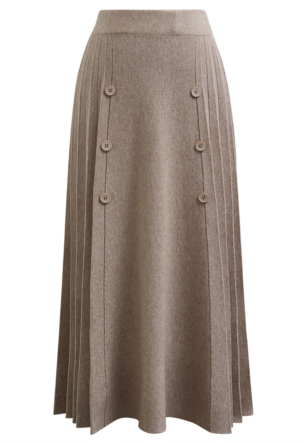 Soft Elegance Button Trim Pleats Knit Skirt in Sand