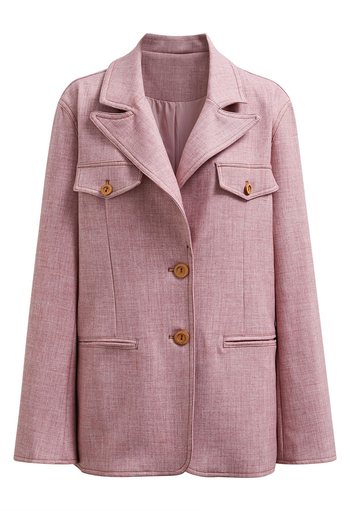 Decorative Pocket Peak Lapel Buttoned Blazer in Pink