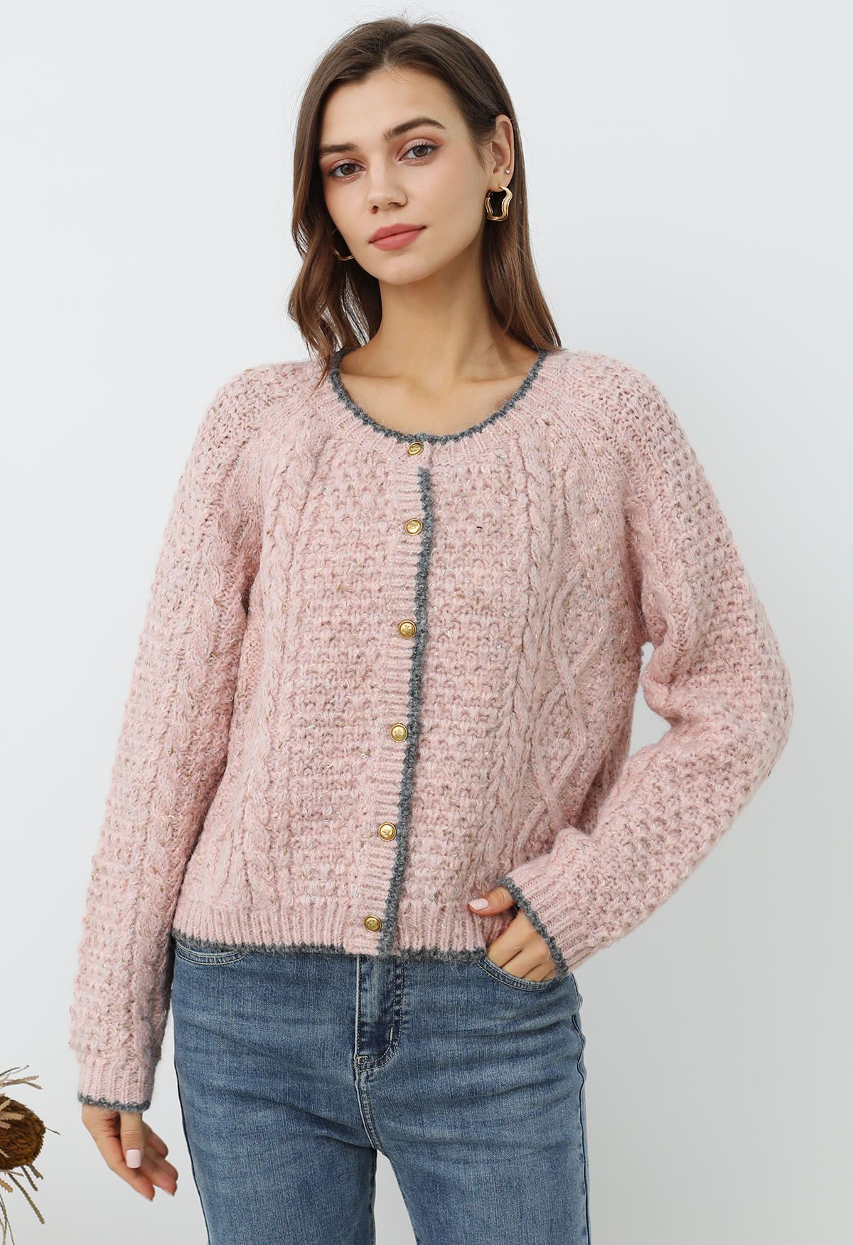 Contrast Edges Braided Knit Buttoned Cardigan in Pink