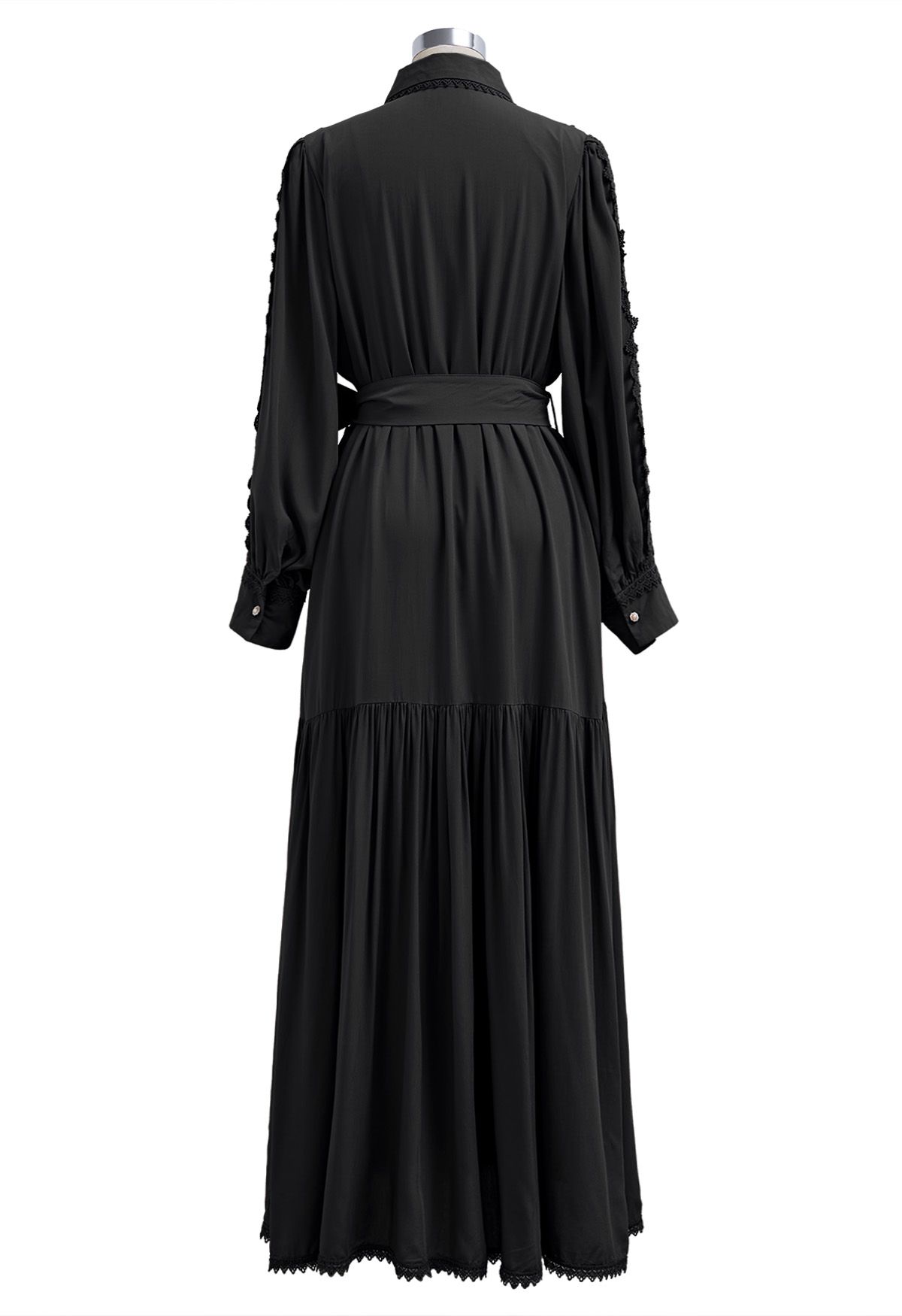 Captivating Lace Tie-Waist Button Down Maxi Dress in Black