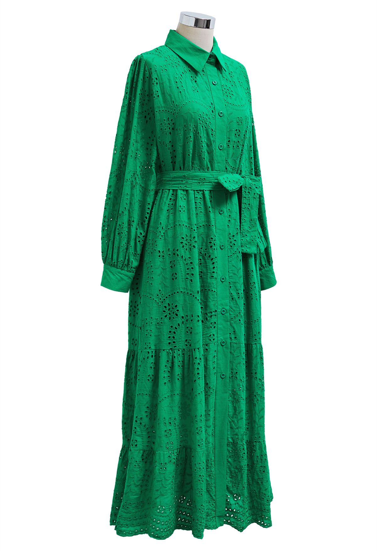 Delicate Eyelet Embroidery Tie-Waist Buttoned Midi Dress in Green