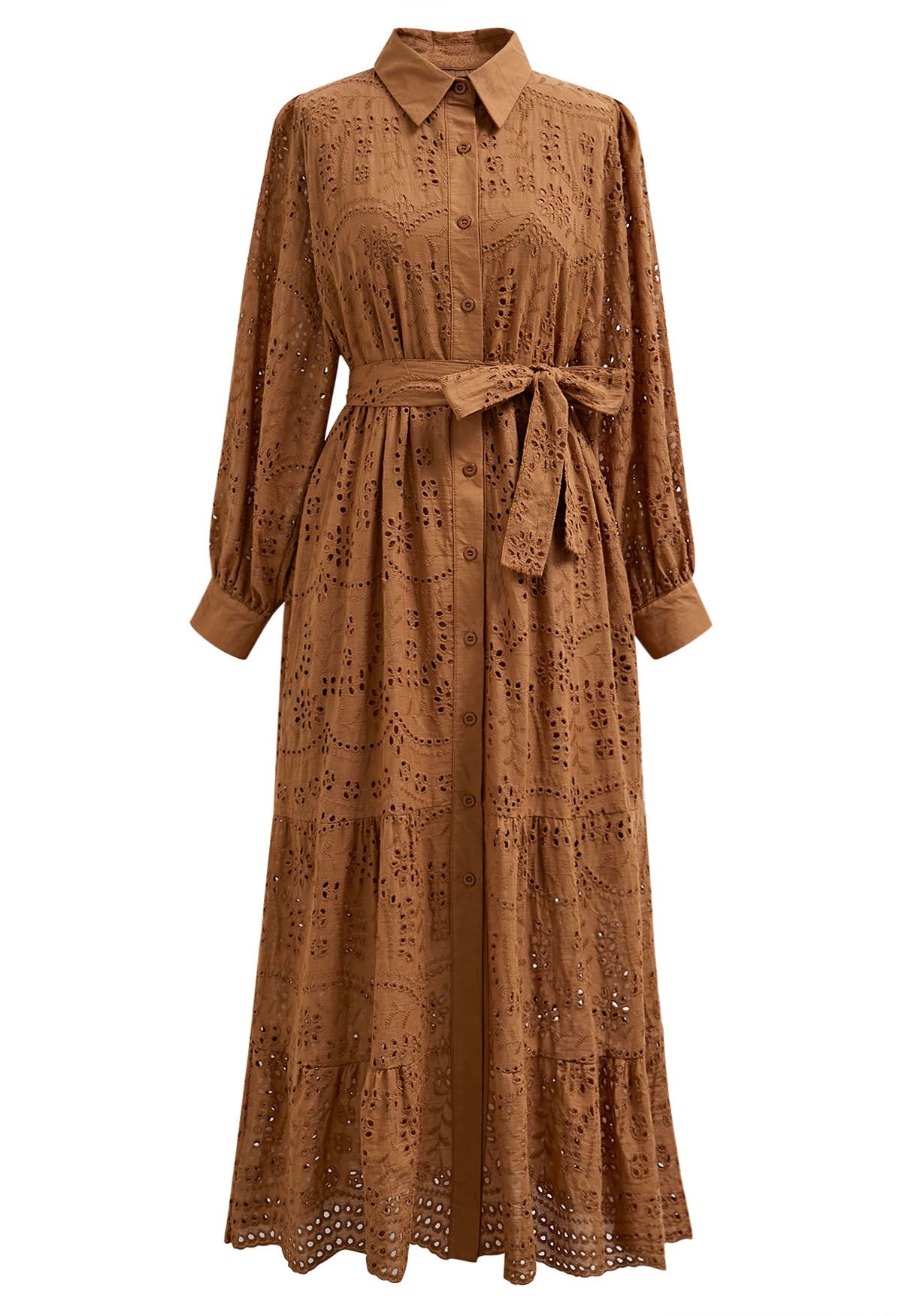 Delicate Eyelet Embroidery Tie-Waist Buttoned Midi Dress in Tan