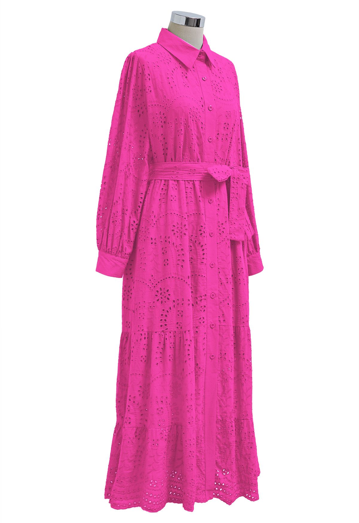 Delicate Eyelet Embroidery Tie-Waist Buttoned Midi Dress in Hot Pink