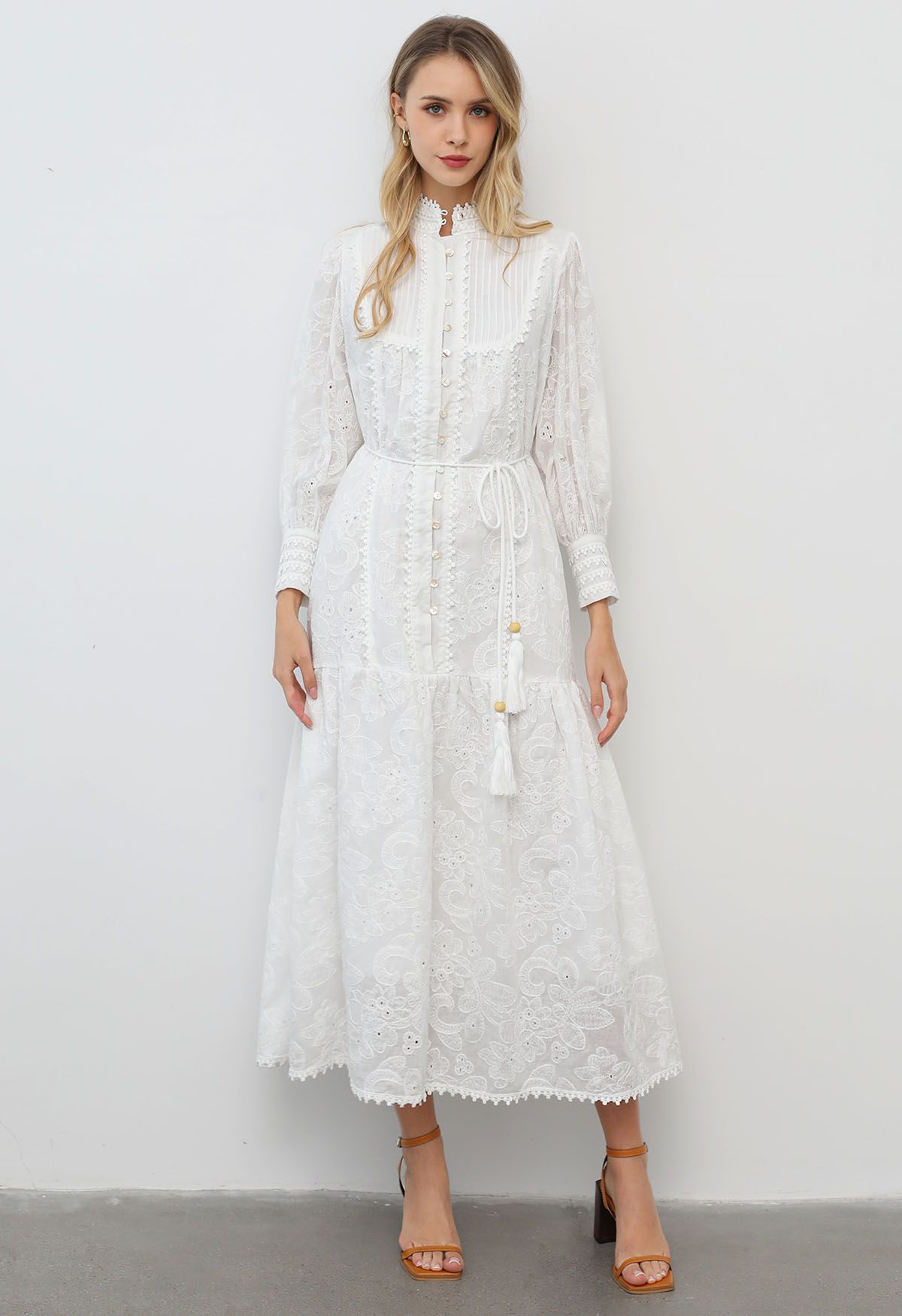 Floral Eyelet Embroidery Tassel String Buttoned Maxi Dress in White