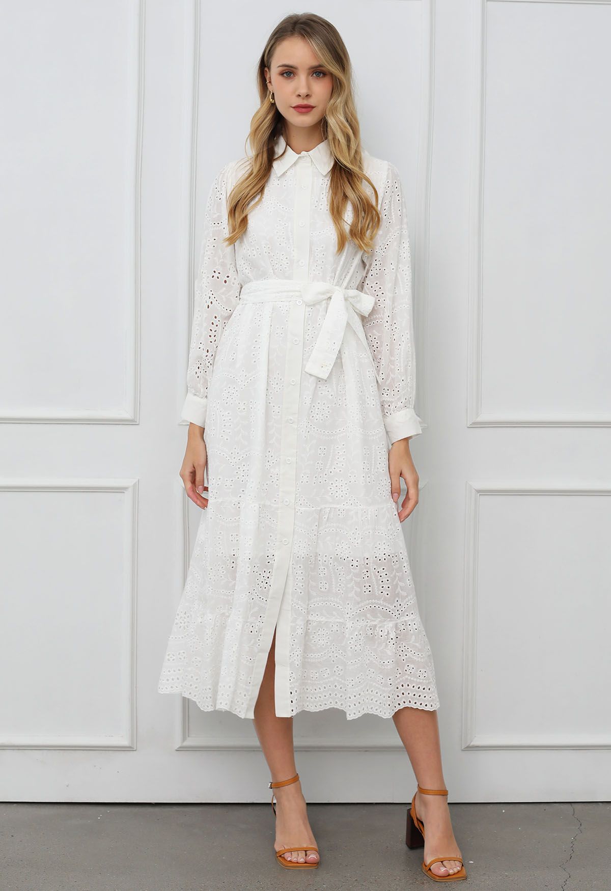 Delicate Eyelet Embroidery Tie-Waist Buttoned Midi Dress in White