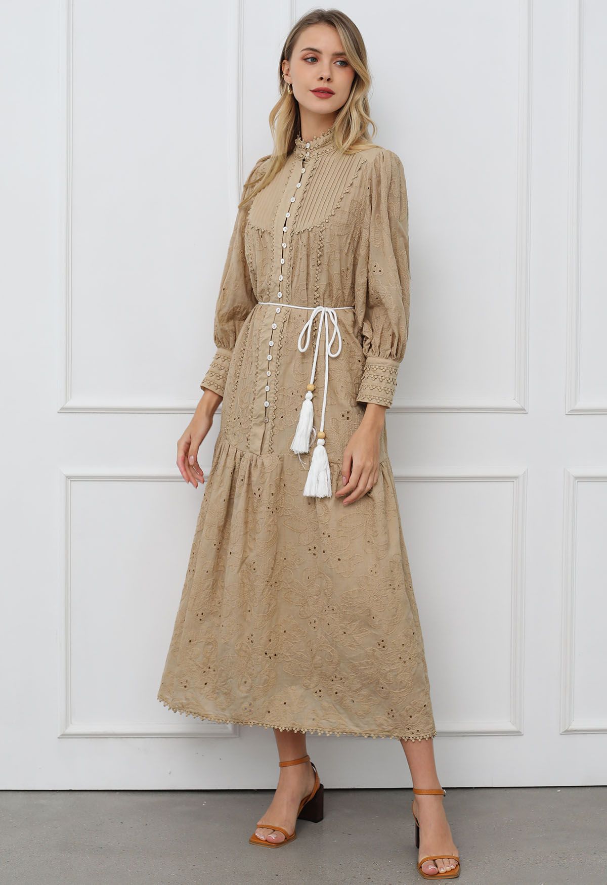 Floral Eyelet Embroidery Tassel String Buttoned Maxi Dress in Light Tan