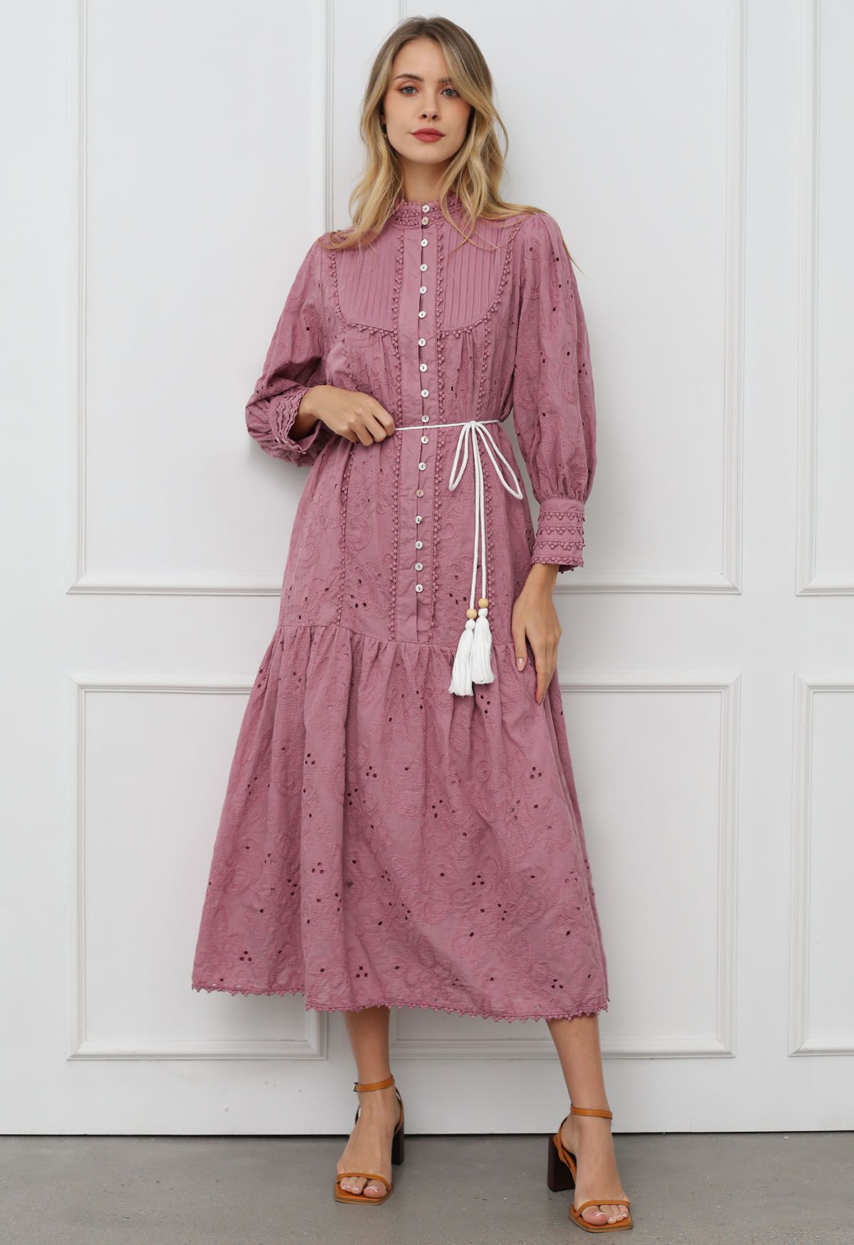 Floral Eyelet Embroidery Tassel String Buttoned Maxi Dress in Mauve