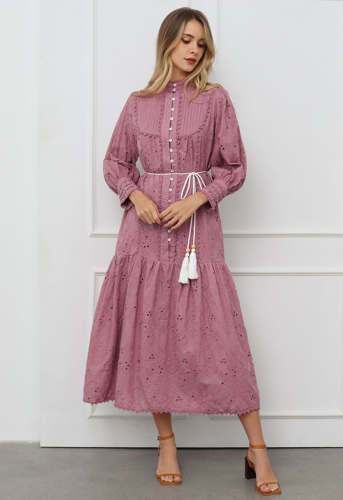 Floral Eyelet Embroidery Tassel String Buttoned Maxi Dress in Mauve