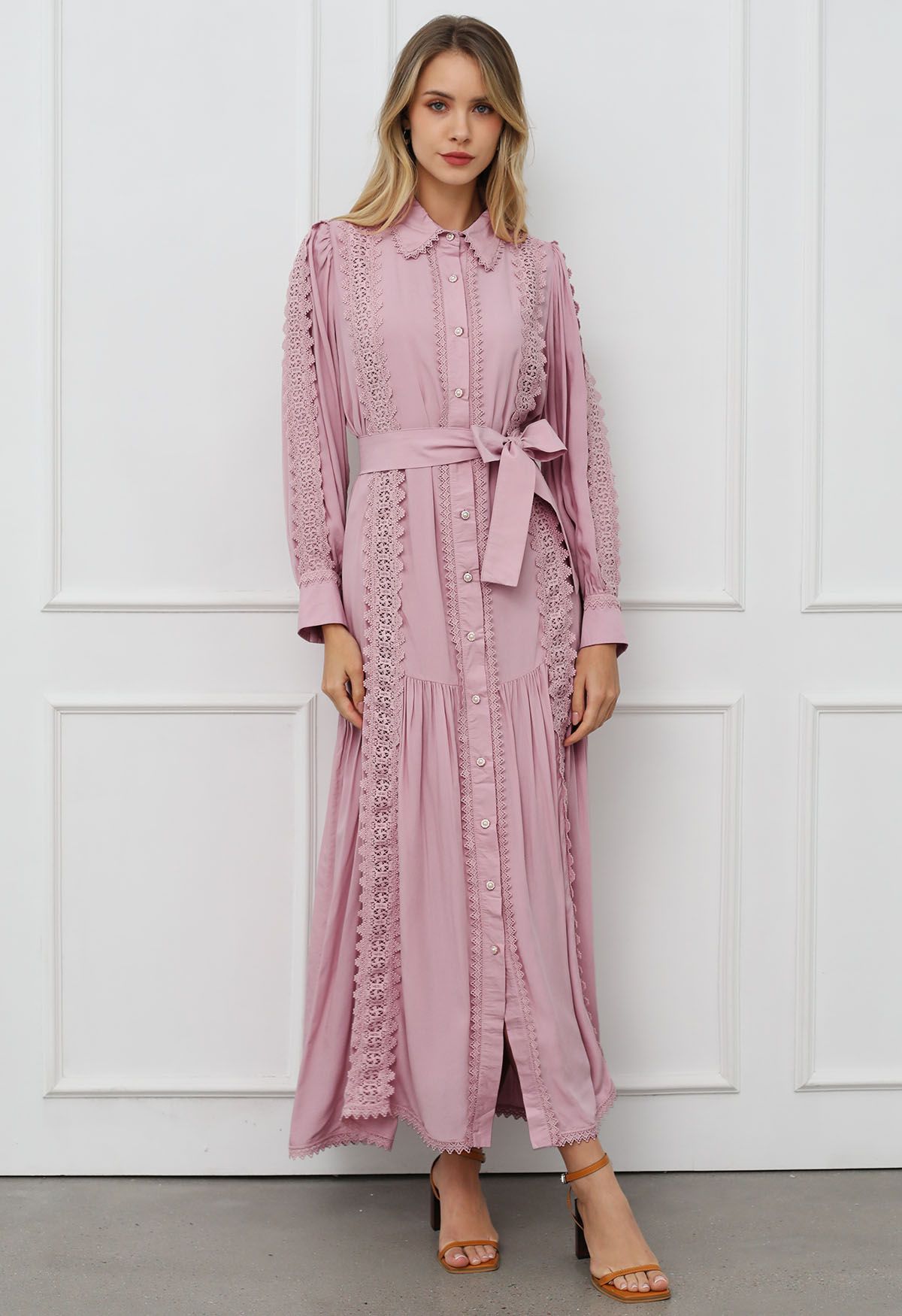 Captivating Lace Tie-Waist Button Down Maxi Dress in Pink