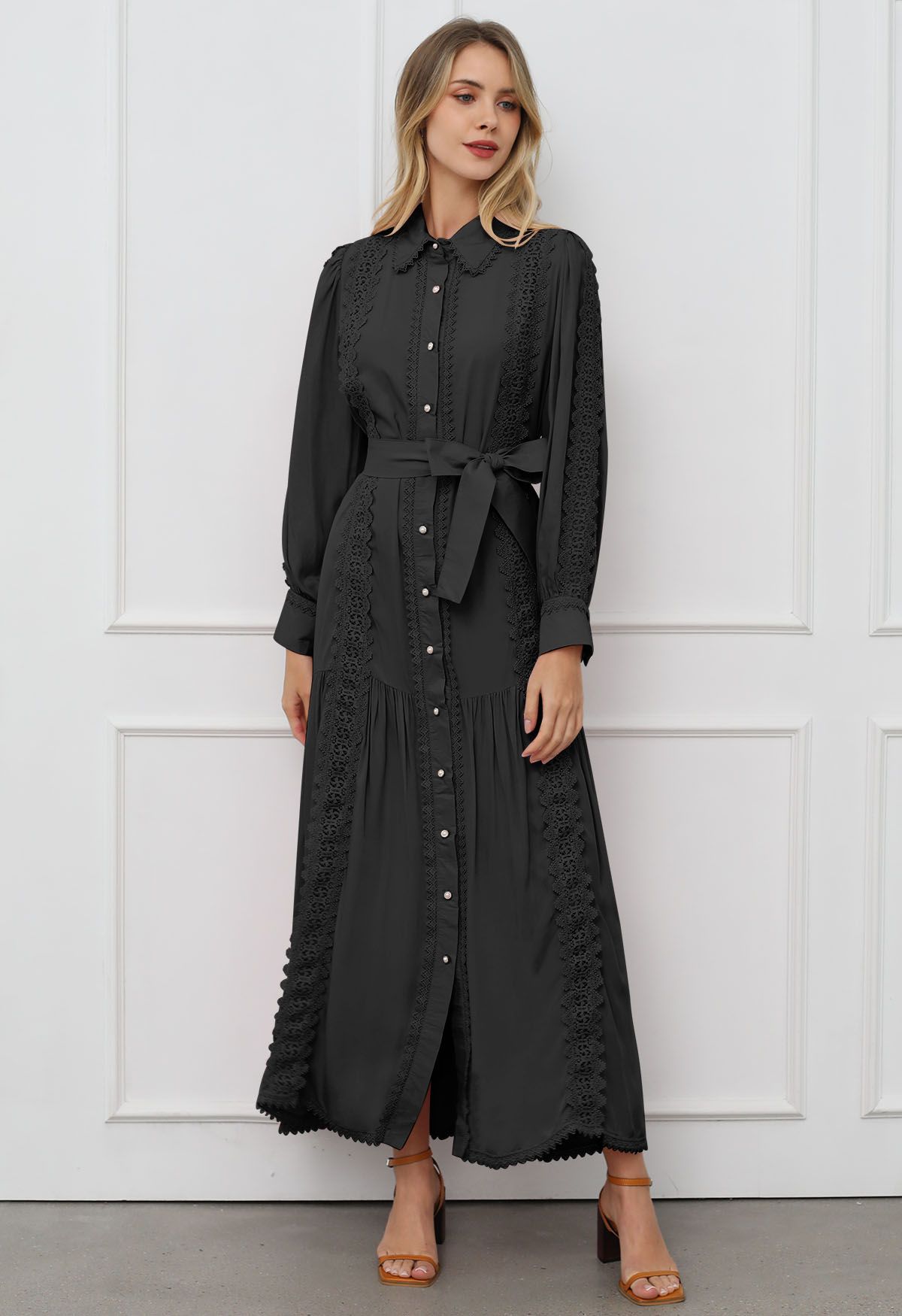 Captivating Lace Tie-Waist Button Down Maxi Dress in Black