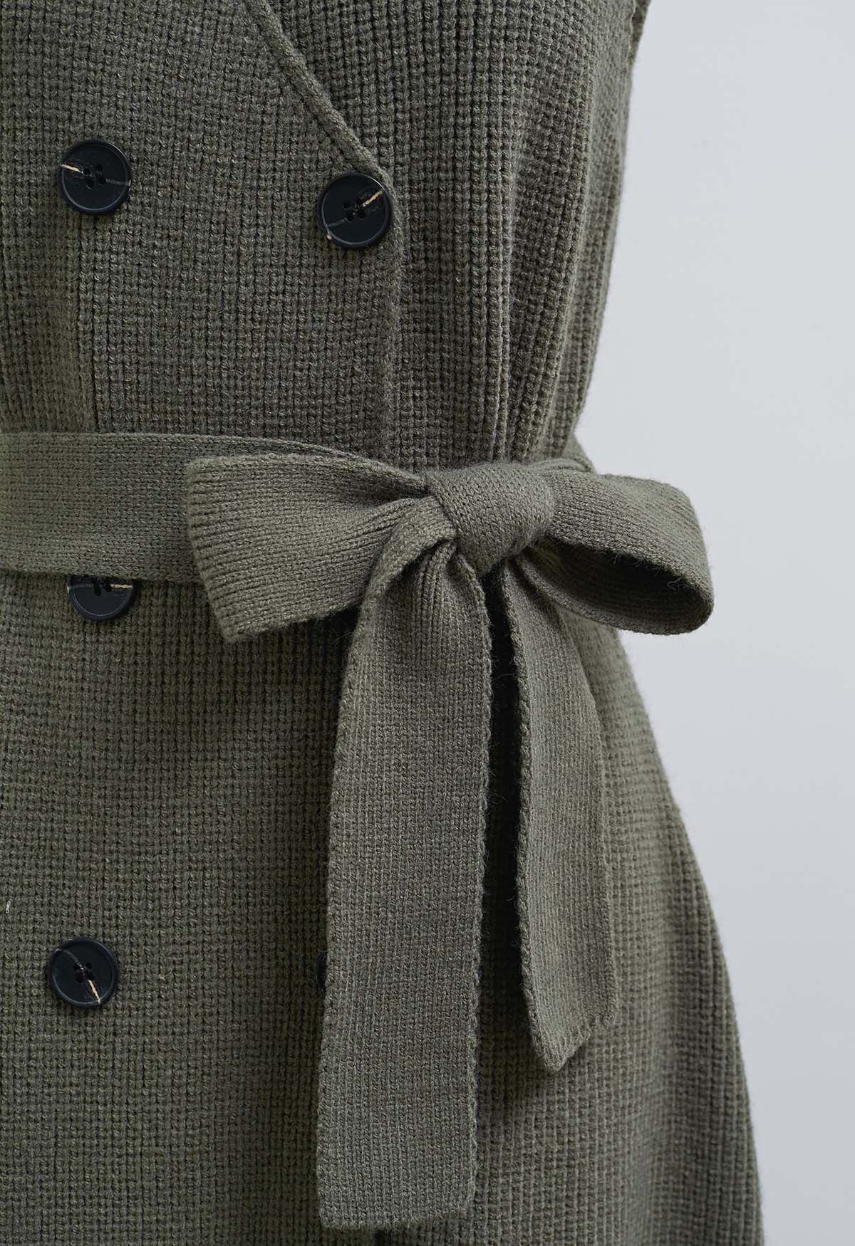 Double-Breasted Sleeveless Knit Dress and Cardigan Set in Army Green