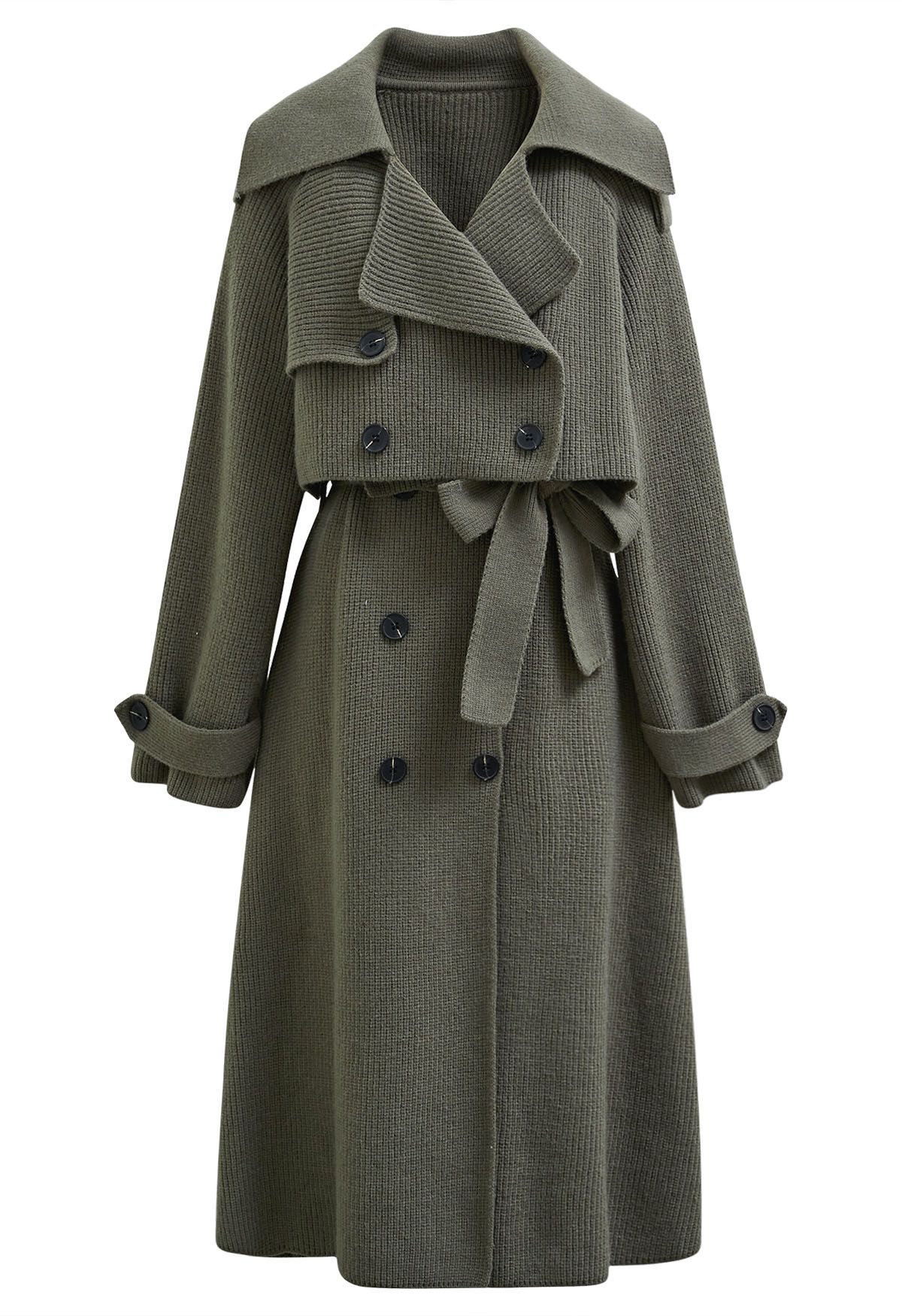 Double-Breasted Sleeveless Knit Dress and Cardigan Set in Army Green