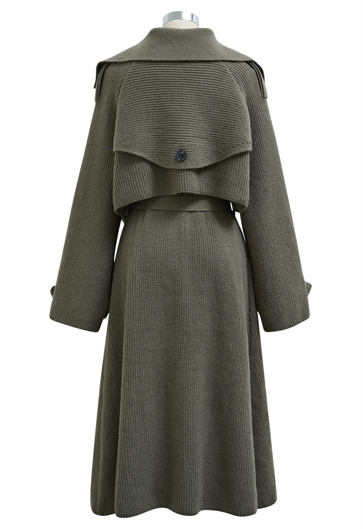 Double-Breasted Sleeveless Knit Dress and Cardigan Set in Army Green