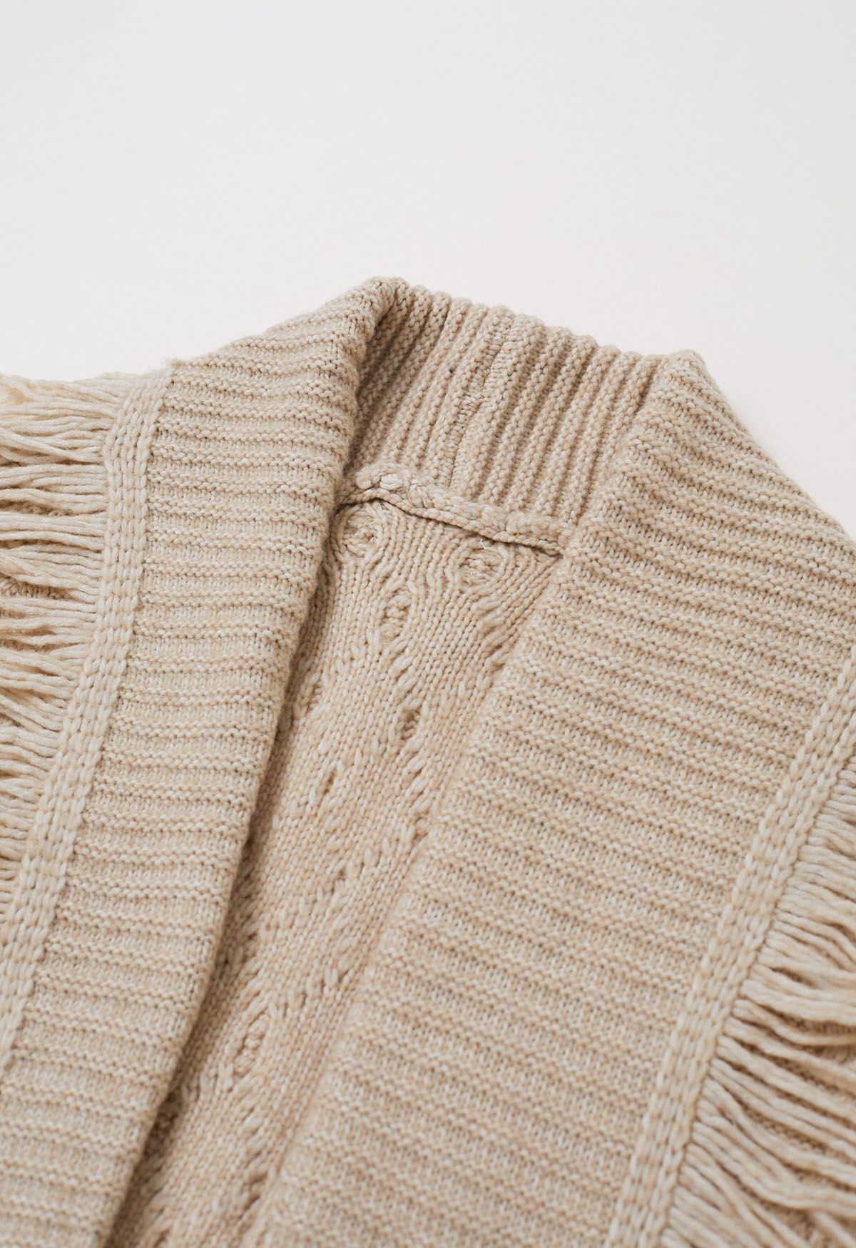 Fringe Trim Cable Knit Belted Cardigan in Oatmeal