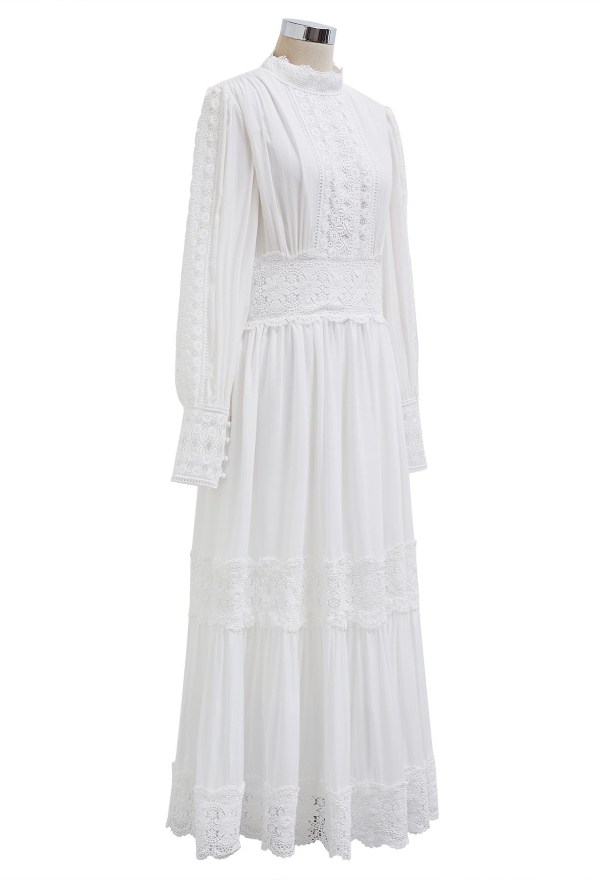 Victorian Elegance Cutwork Lace Maxi Dress in White