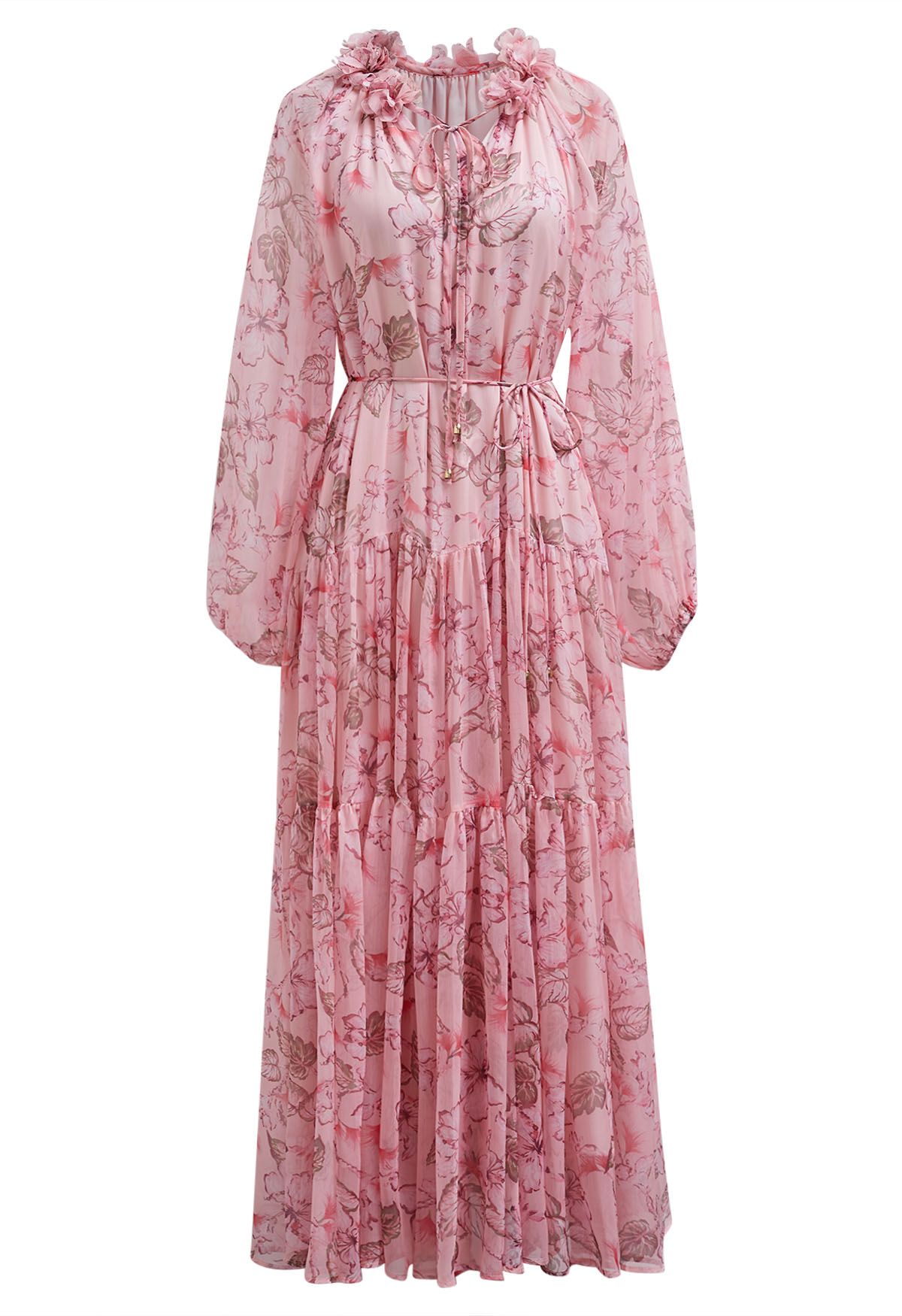 Floral Ballet Tie String Chiffon Midi Dress in Pink