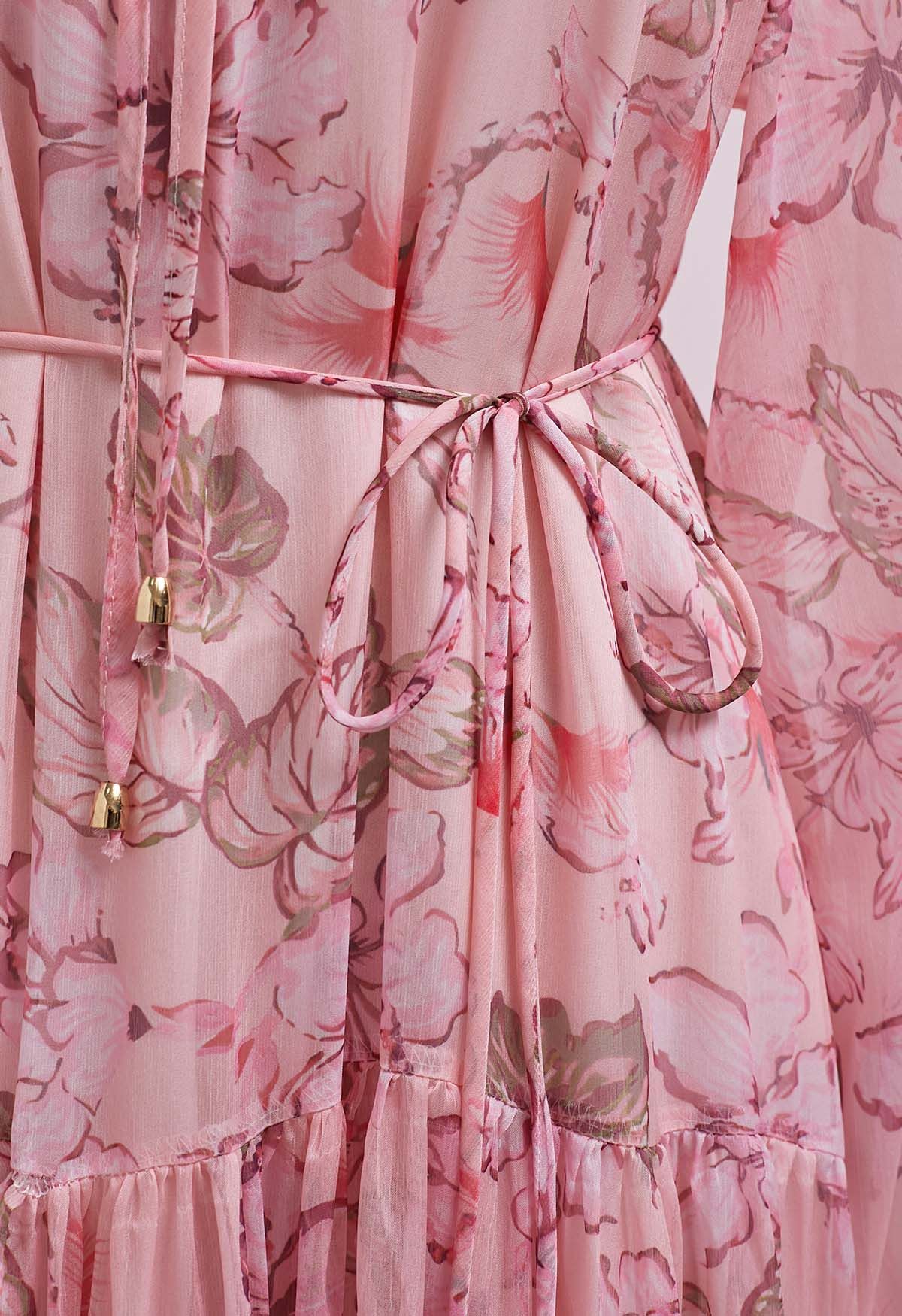 Floral Ballet Tie String Chiffon Midi Dress in Pink