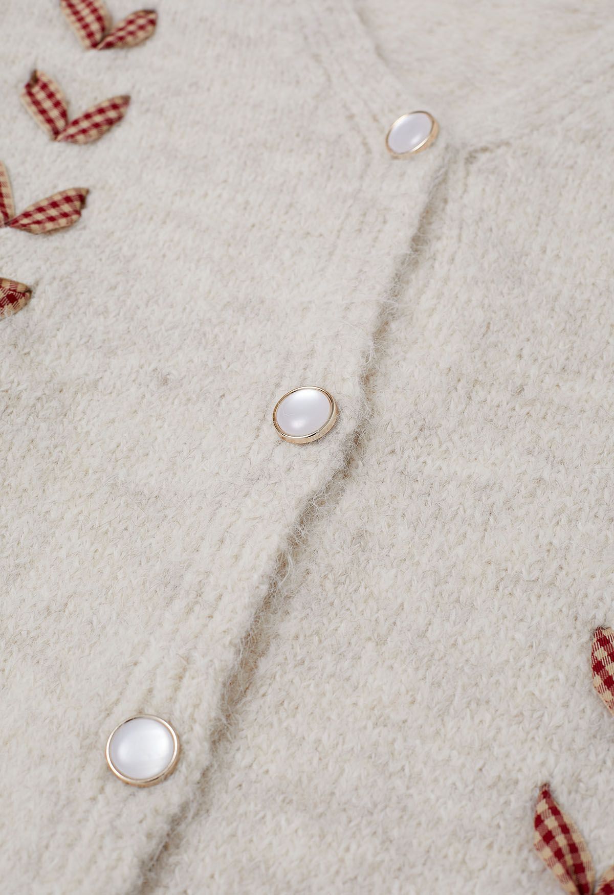 Gingham Ribbon Lace-Up Fuzzy Knit Cardigan in Oatmeal