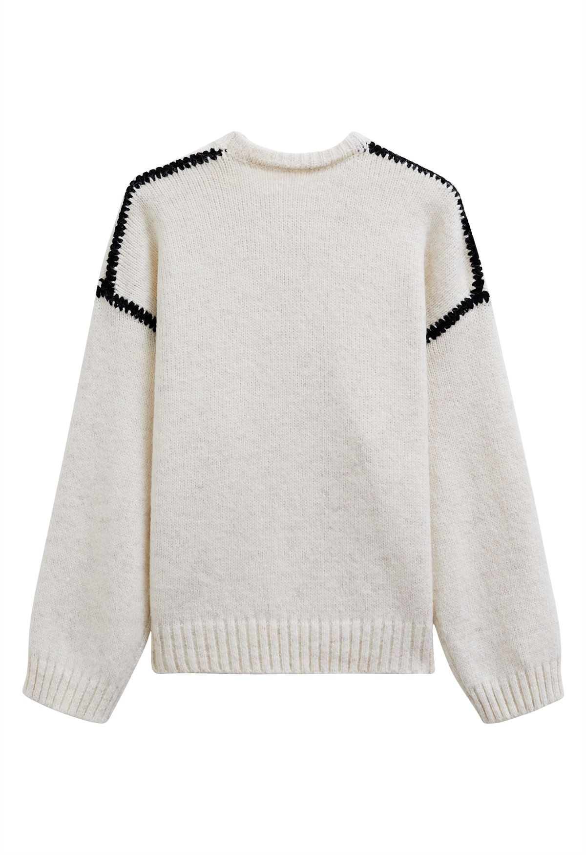 Whipstitch-Trimmed Dropped Shoulder Knit Sweater in Cream