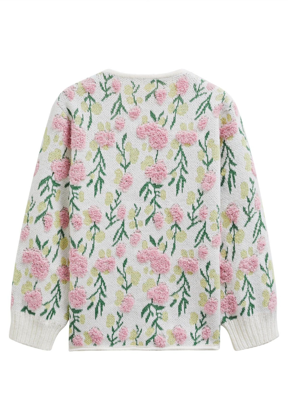 Pink Flowers Intarsia Jacquard Knit Buttoned Cardigan